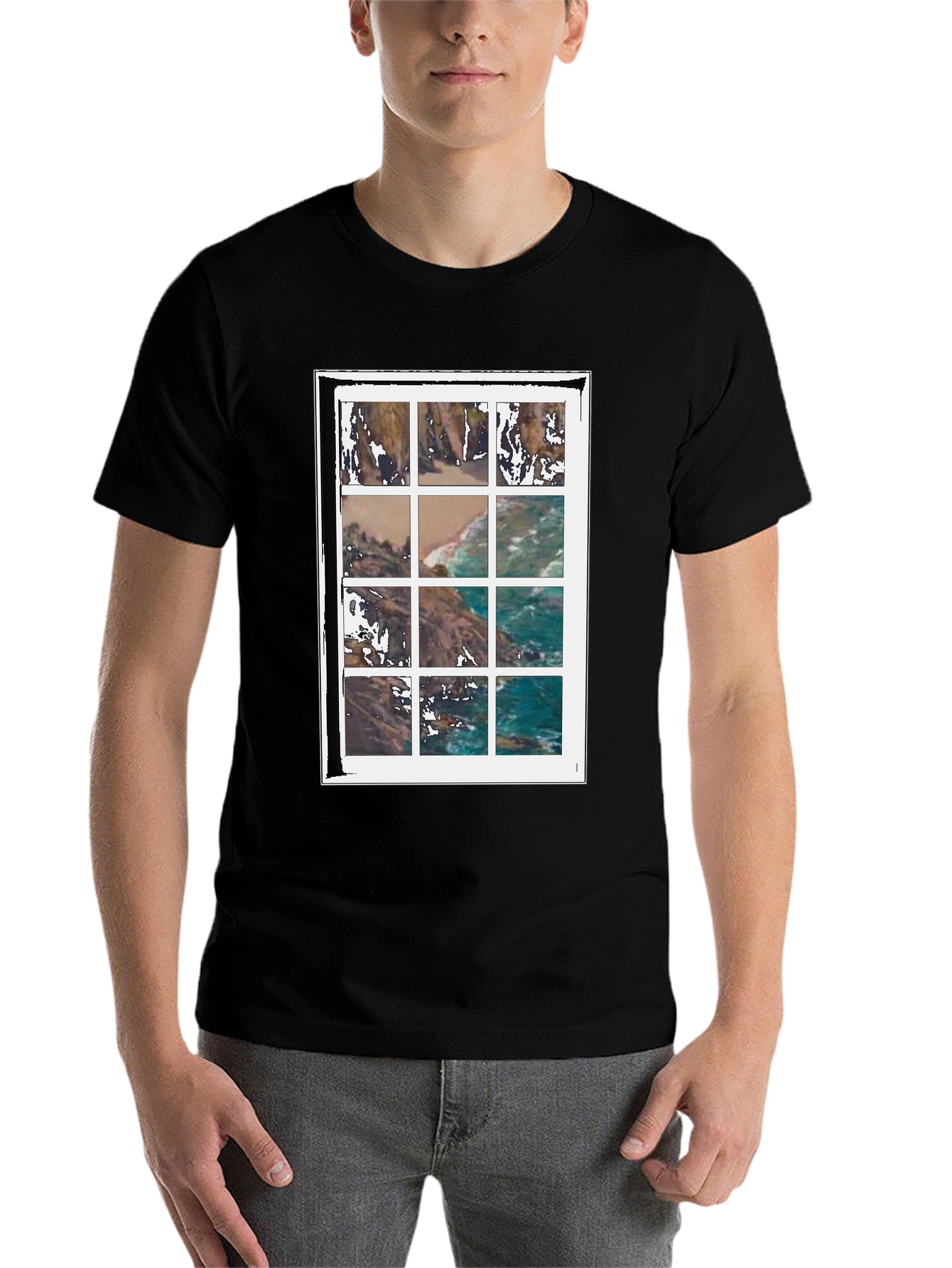 Black Coastal View Grid Print Black T-Shirt view 7