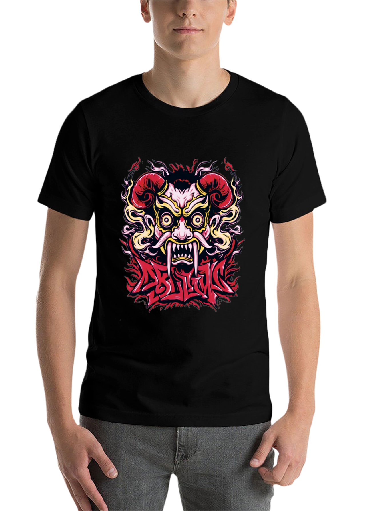 Black  Oni Mask Graphic T-Shirt - Bold Design view 7