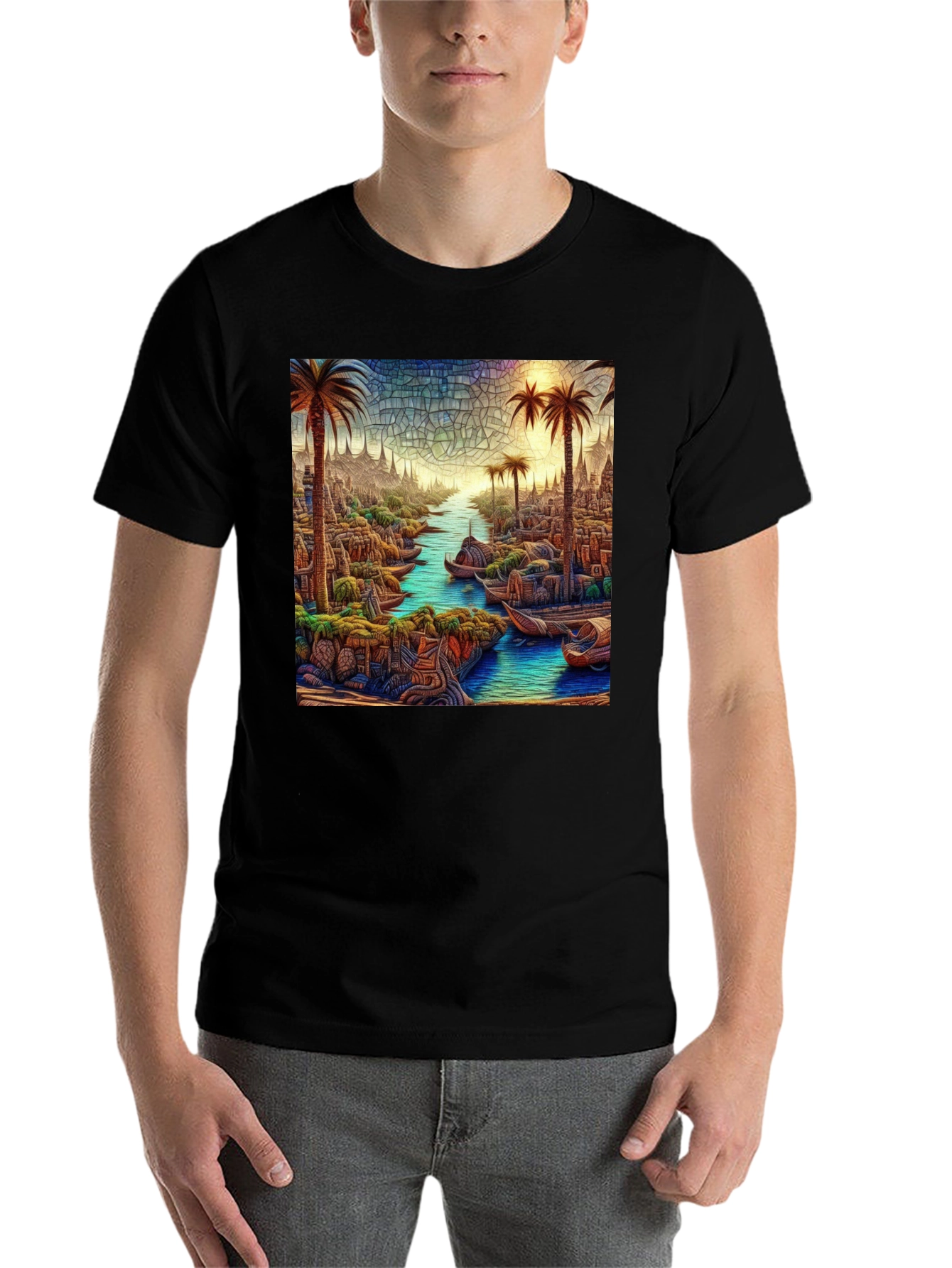 Black Tropical Mosaic Art Tee - Men's Black T-Shirt view 7
