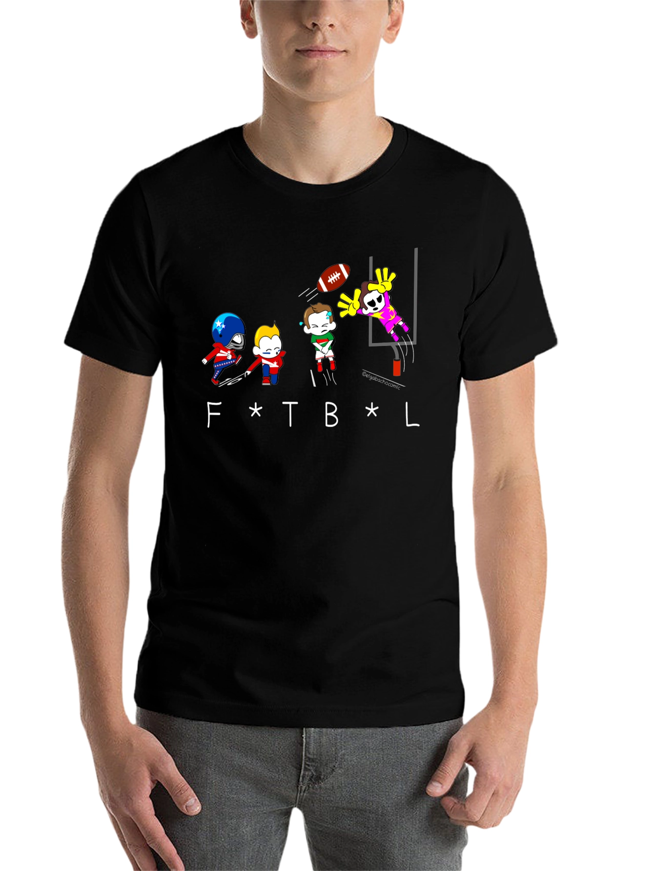 Black Funny Football Cartoon Black T-Shirt view 7