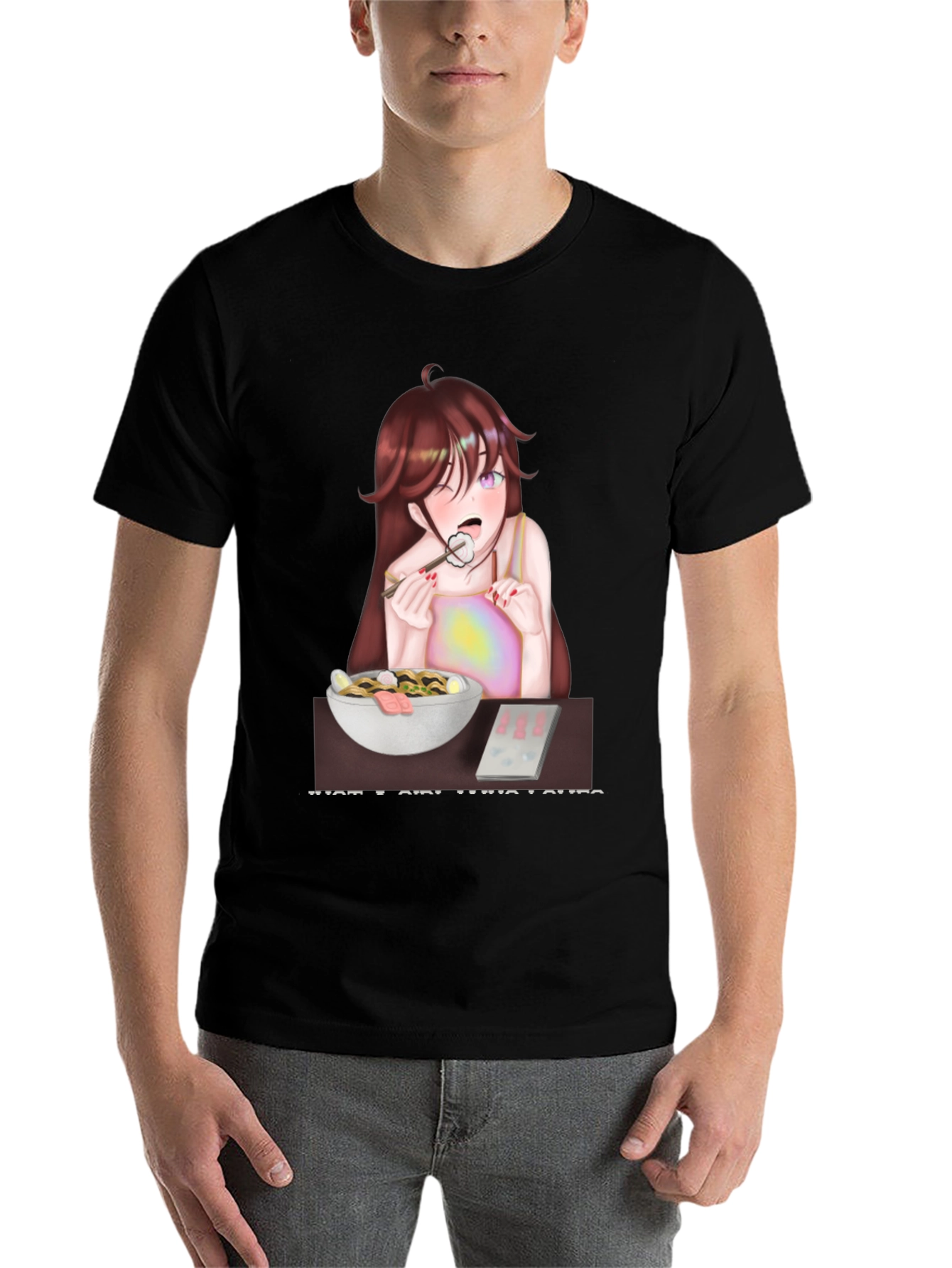 Black Anime Girl Eating Ramen T-Shirt view 7
