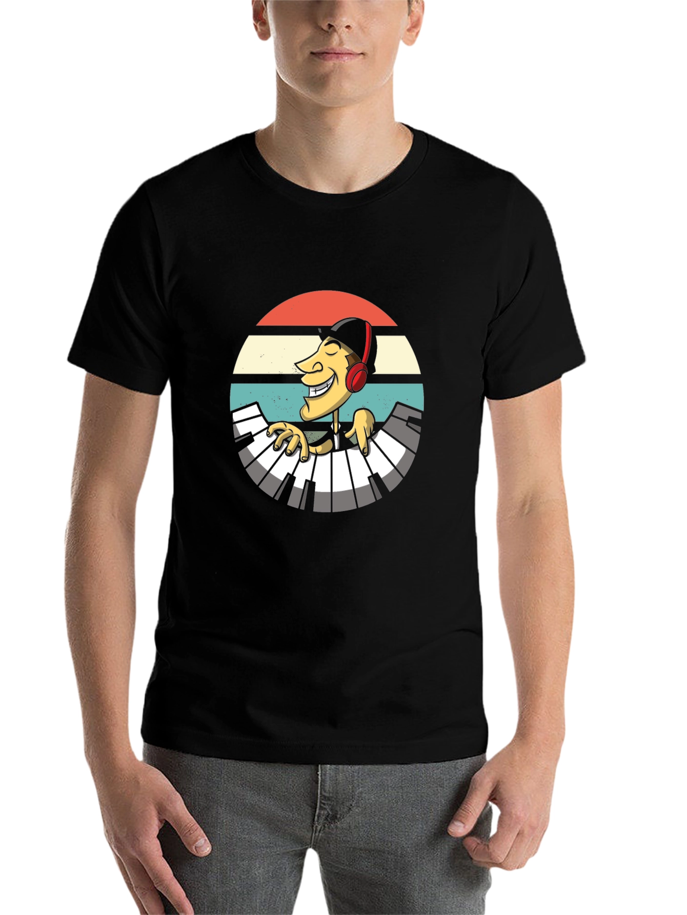 Black Retro Pianist Graphic Tee - Black Casual T-Shirt view 7