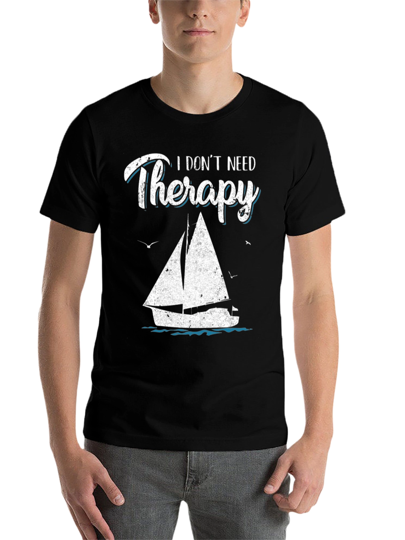 Black Sailboat Therapy Graphic T-Shirt: Black Cotton Tee view 7