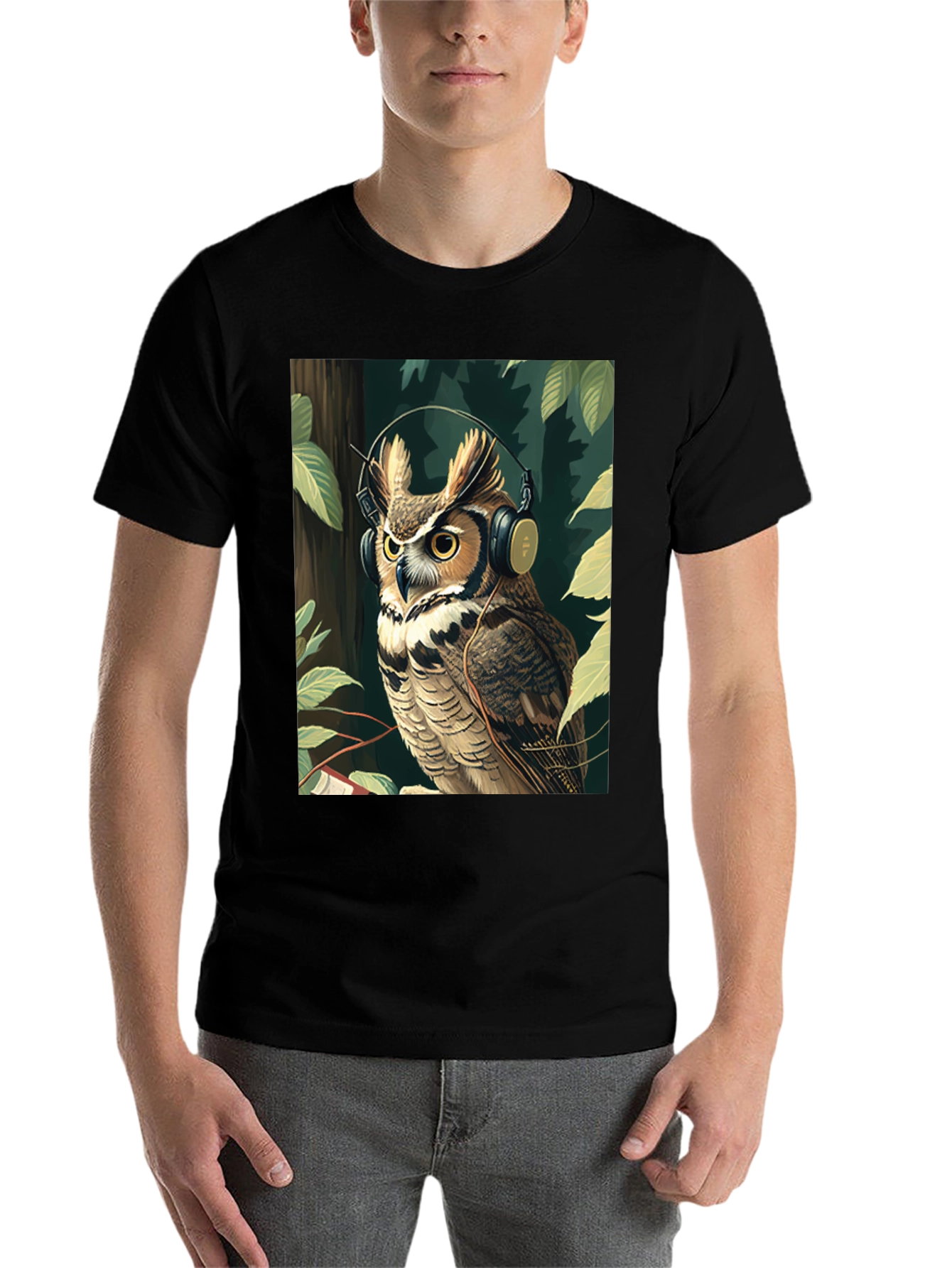 Black Owl with Headphones Graphic Tee - Stylish & Unique view 7