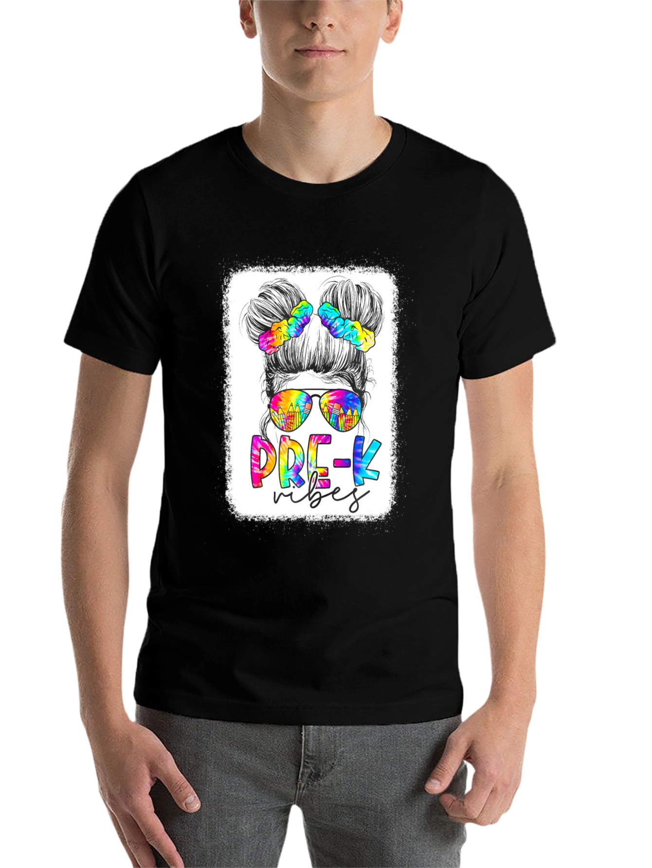 Black Pre-K Vibes Messy Bun Teacher T-Shirt view 7