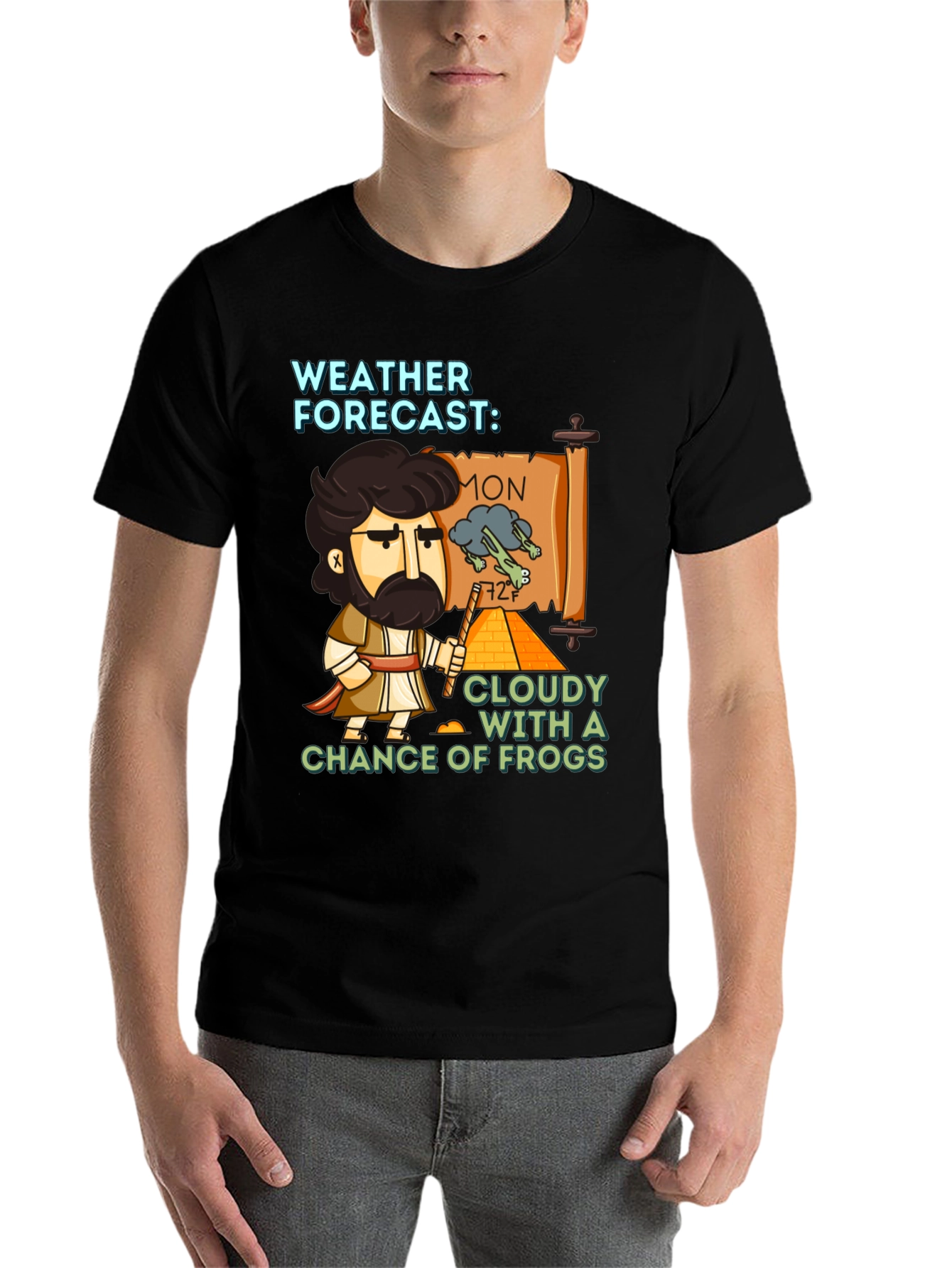 Black Funny Weather Forecast Cloudy Chance of Frogs T-Shirt view 7