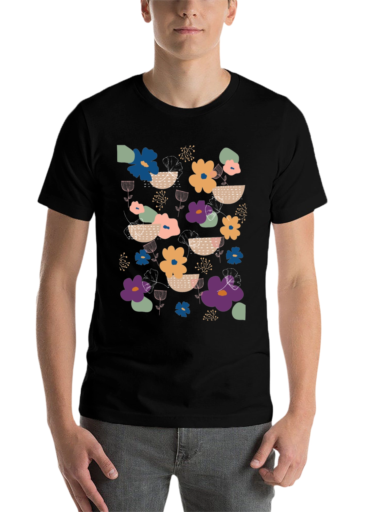 Black Floral Print Men's Black T-Shirt view 7