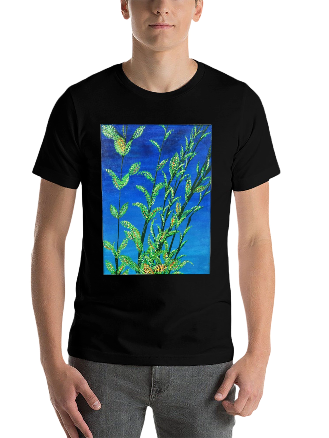 Black Botanical Blue T-Shirt - Vivid Nature Art Tee view 7