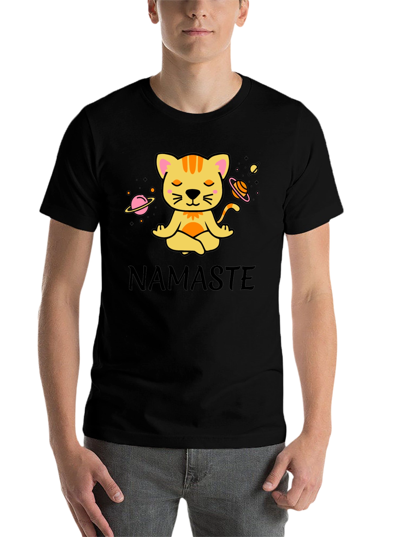 Black Namaste Cat Space Meditation T-Shirt view 7