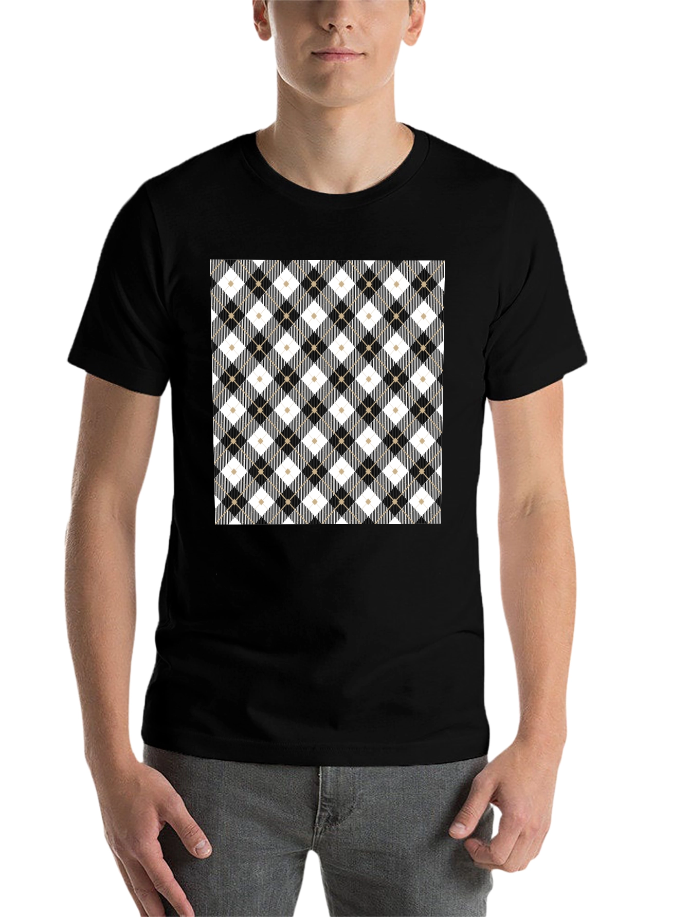 Black Stylish Argyle Pattern Black T-Shirt view 7