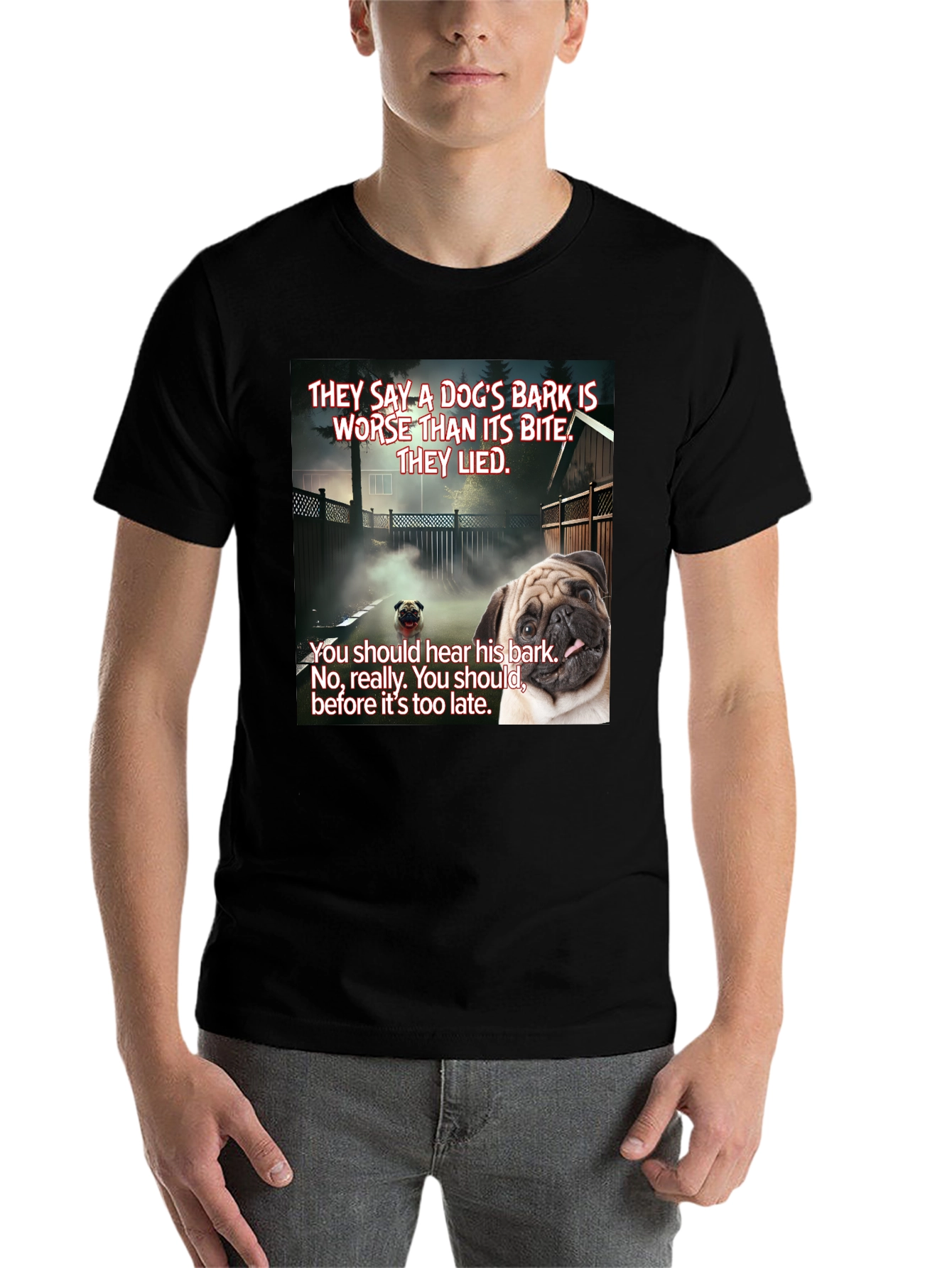 Black Dog's Bark Pug Graphic T-Shirt view 7