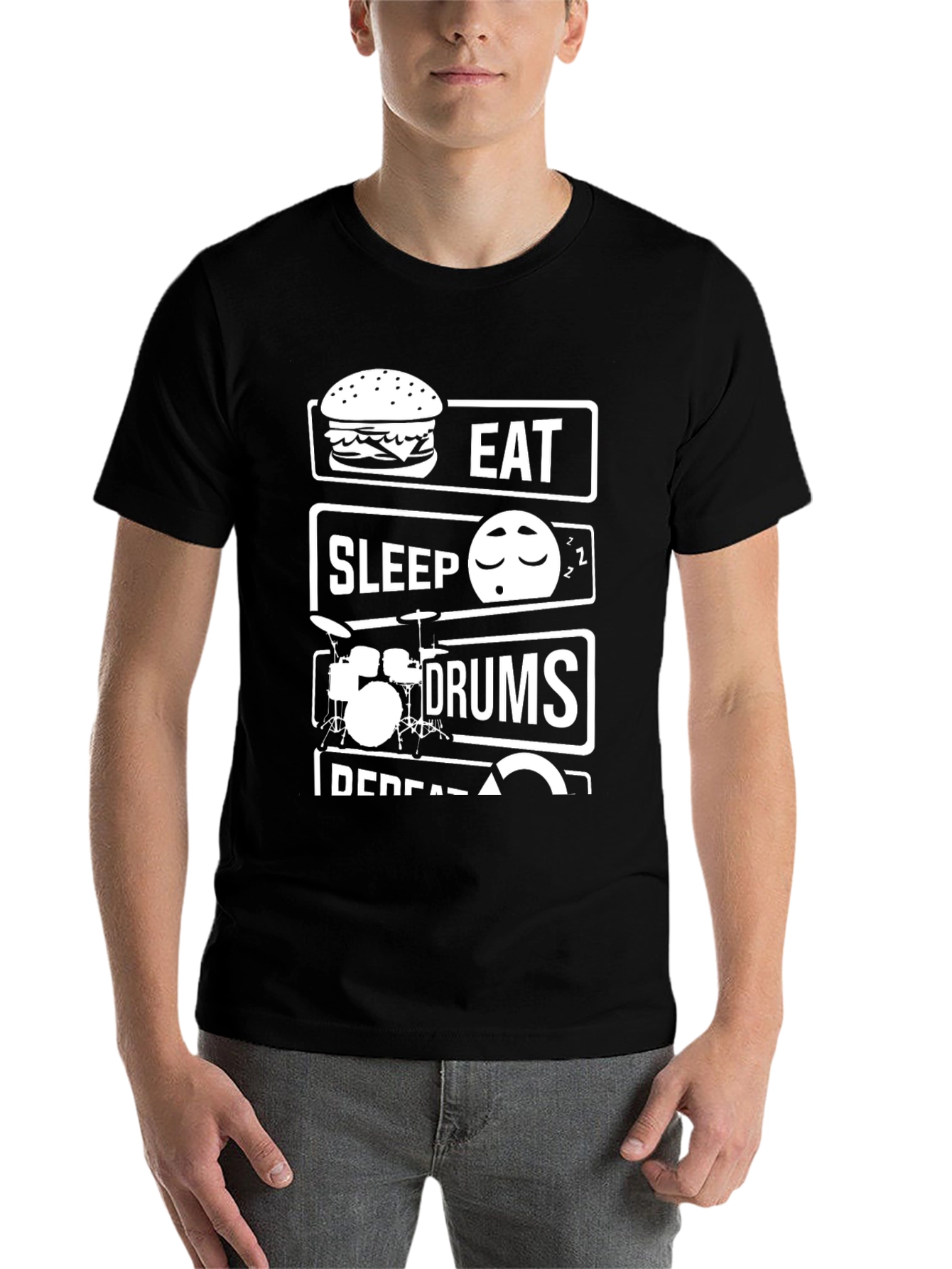 Black Eat Sleep Drums Repeat T-Shirt - Musician Humor view 7