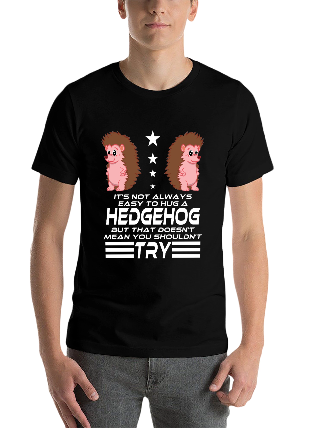 Black Hedgehog Hug Graphic T-Shirt - Funny Animal Tee view 7