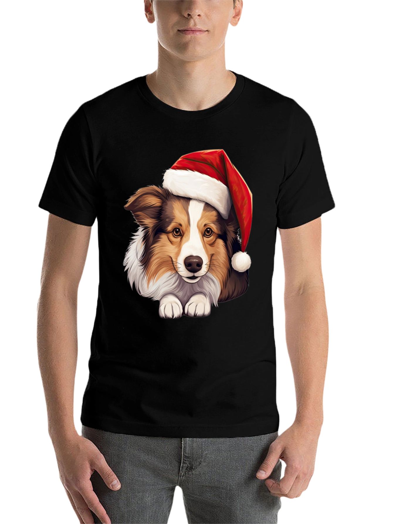 Black Festive Dog T-Shirt: Holiday Collie in Santa Hat view 7