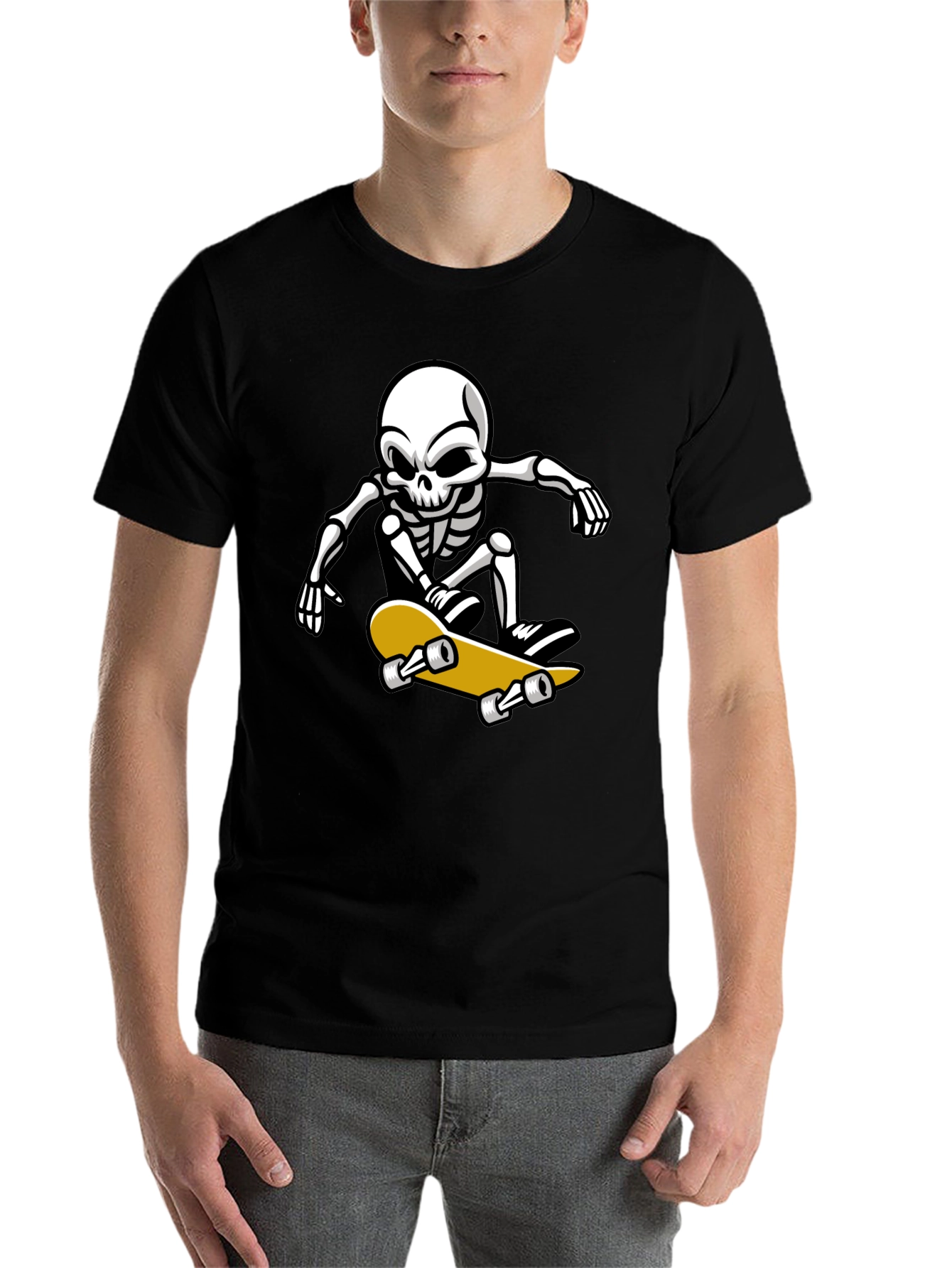 Black Cool Skeleton Skateboarder Graphic T-Shirt view 7