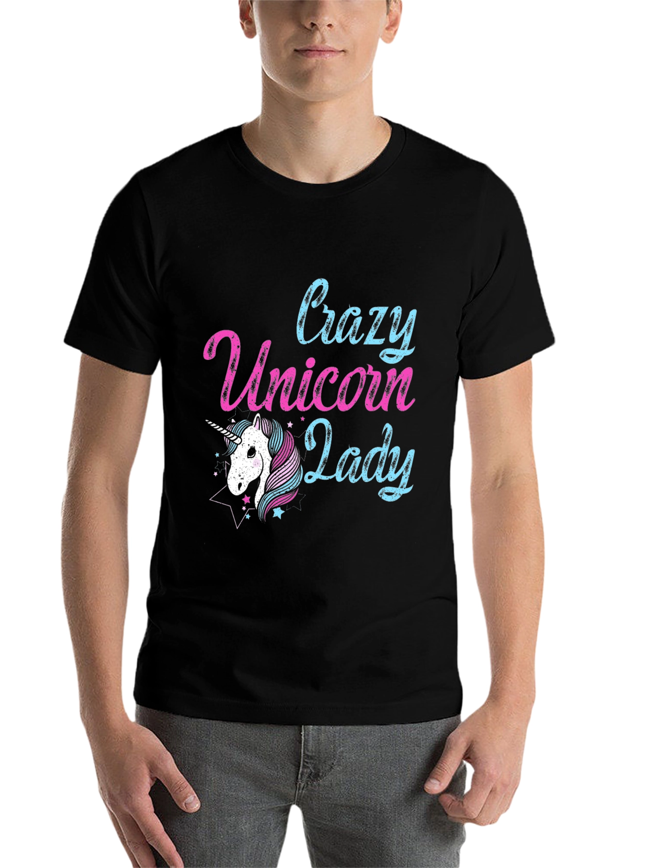 Black Crazy Unicorn Lady T-Shirt - Black view 7