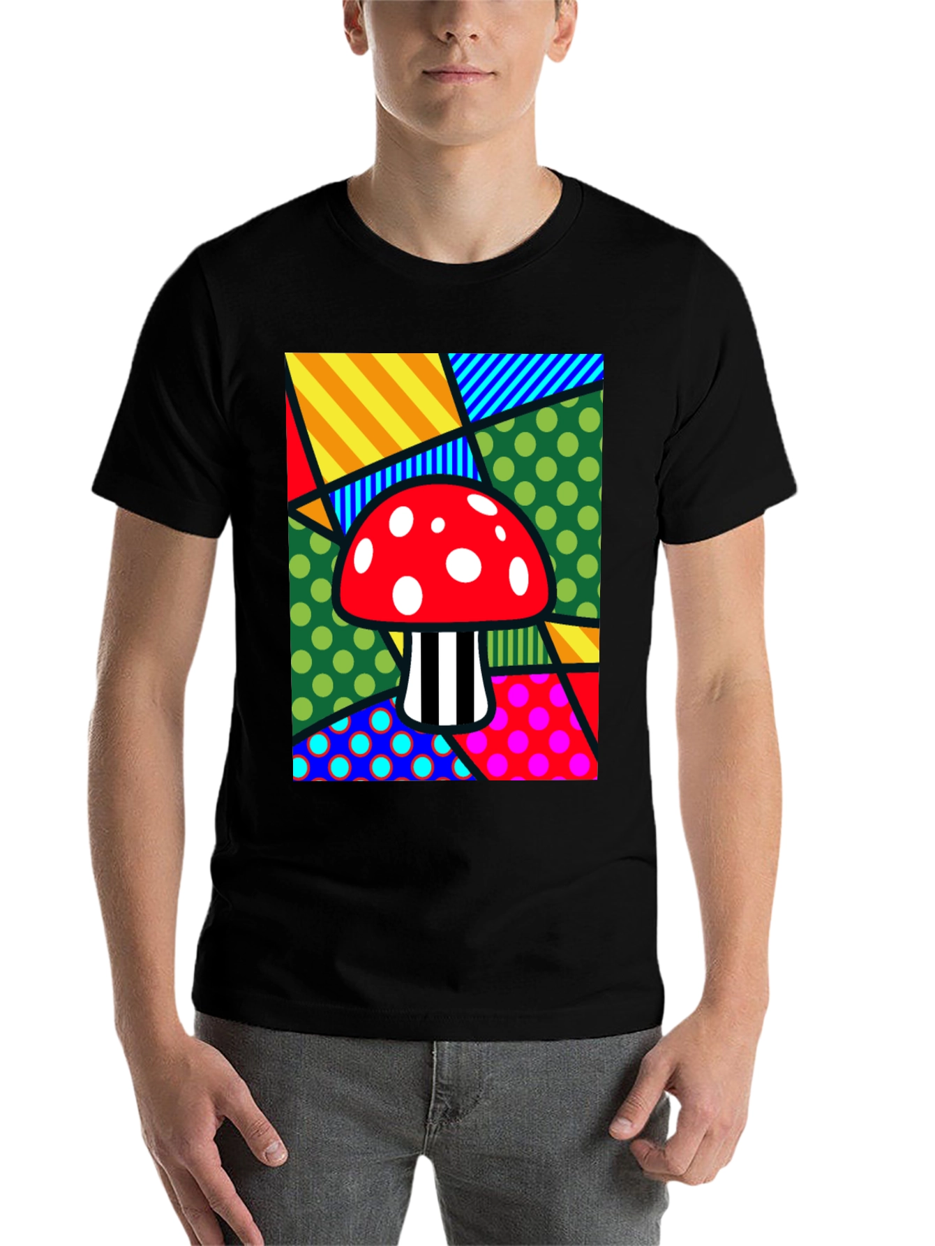 Black Funky Mushroom T-Shirt - Abstract Pop Art Design view 7