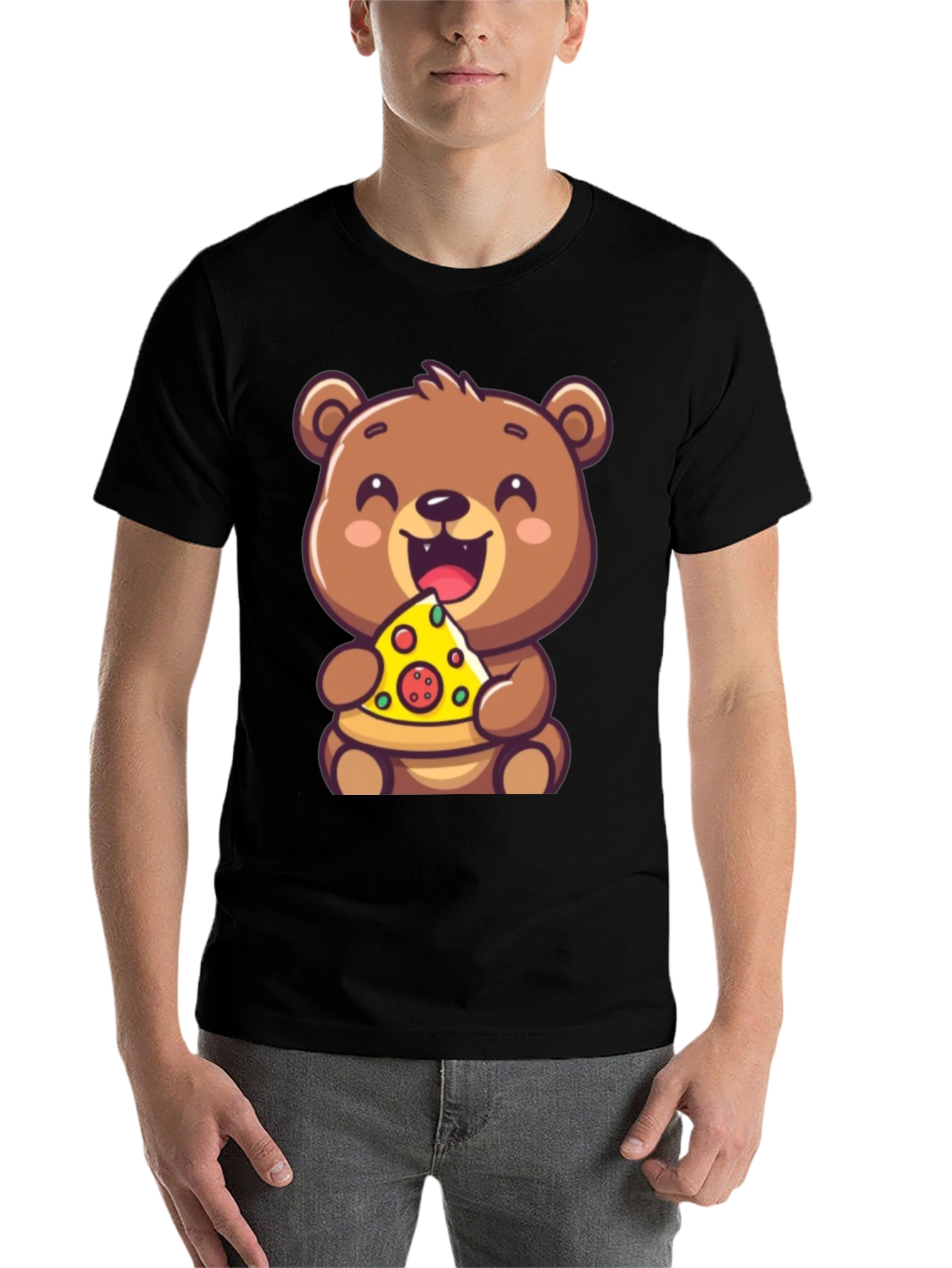 Black Cute Bear Eating Pizza Graphic Tee - Fun & Playful view 7