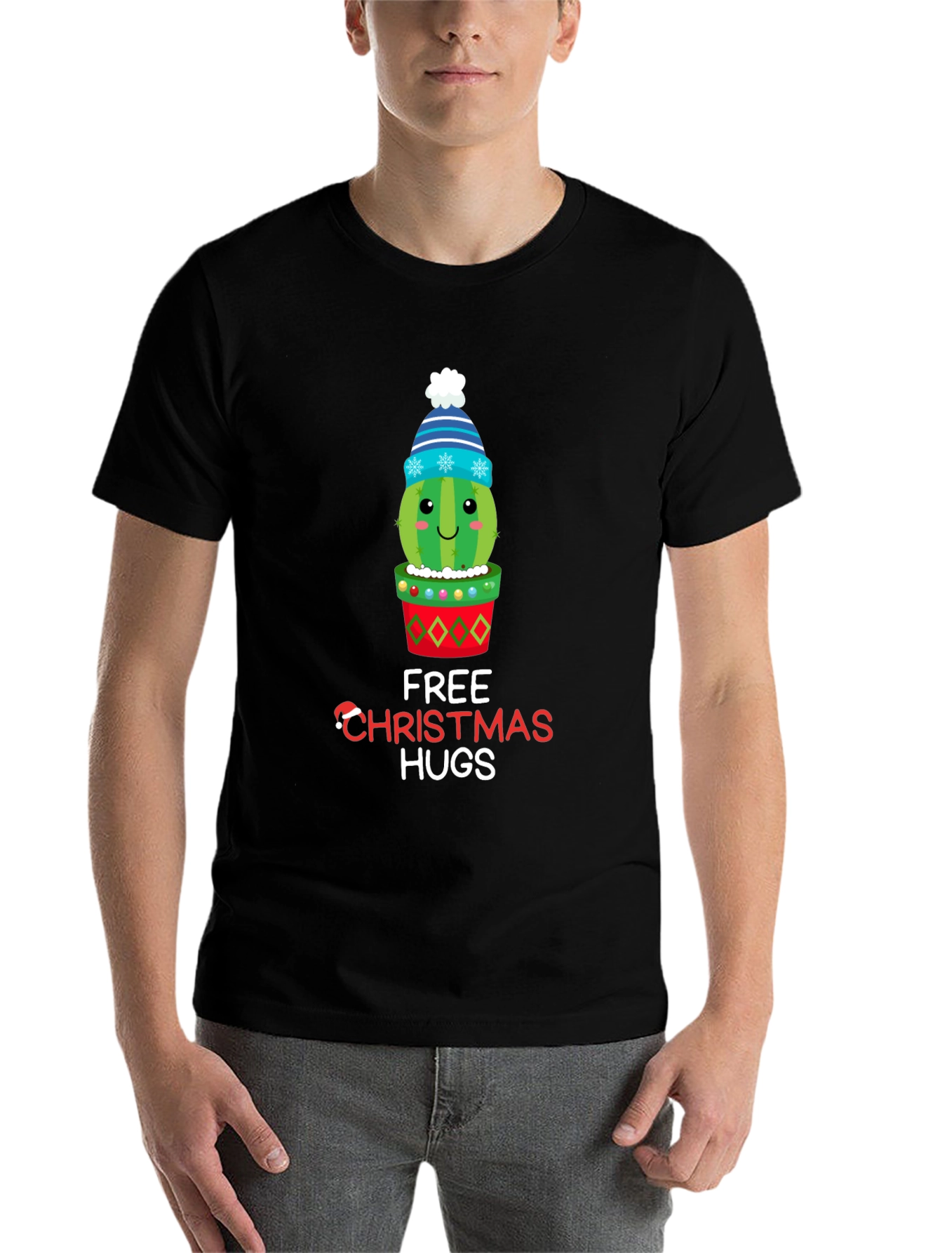 Black Festive Cactus Christmas Hugs T-Shirt view 7