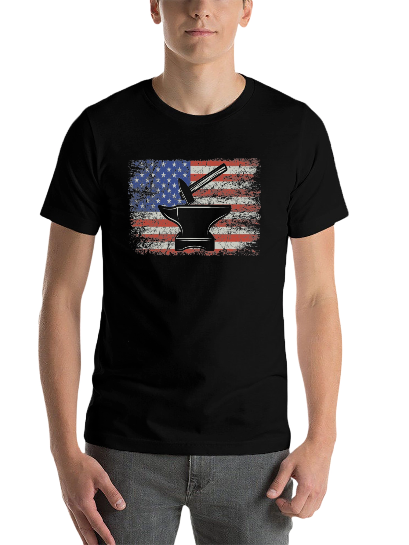 American Flag Blacksmith T-Shirt - Patriotic Anvil Hammer Tee - 7