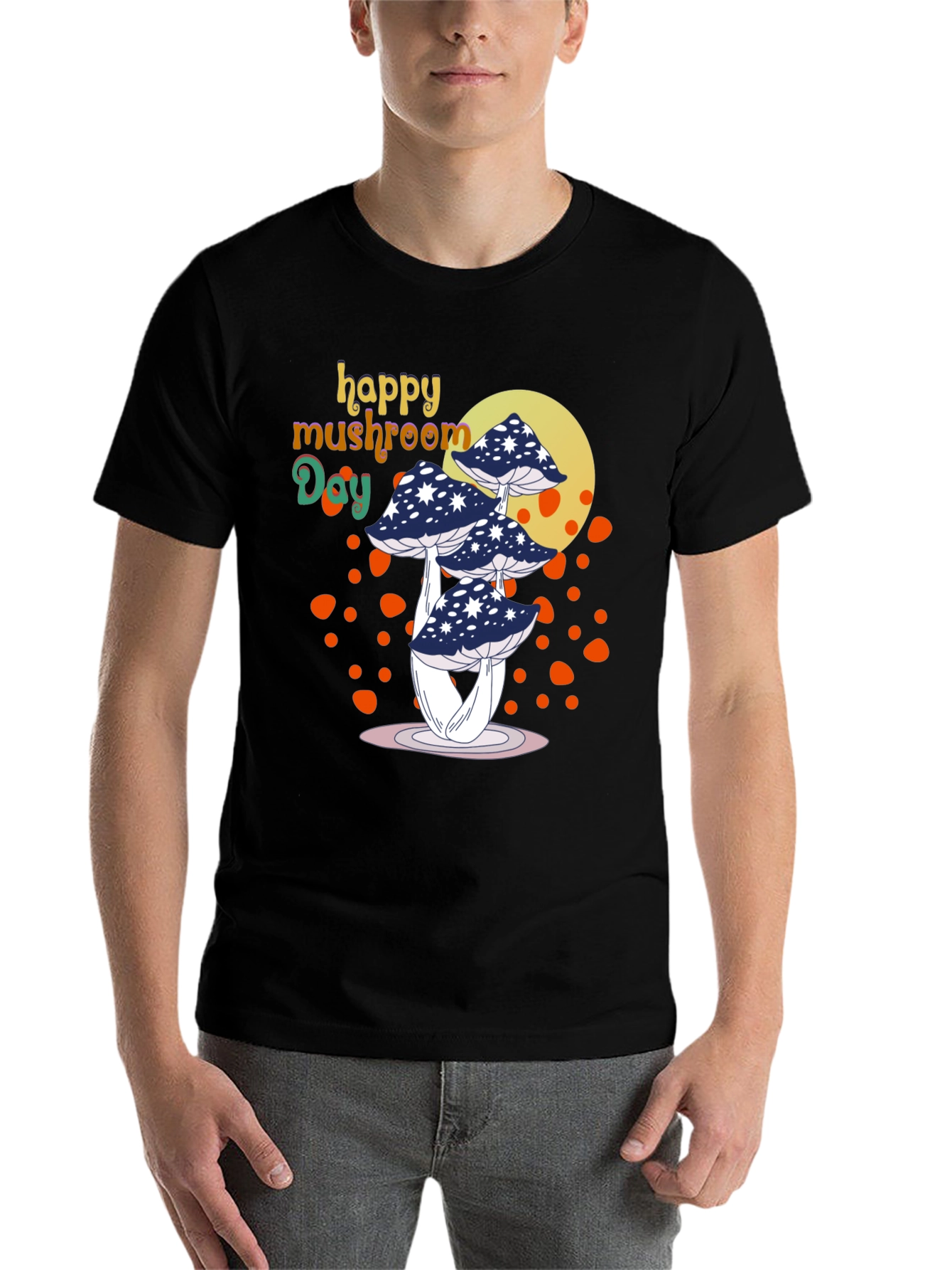 Black Happy Mushroom Day T-Shirt - Unique Graphic Tee view 7