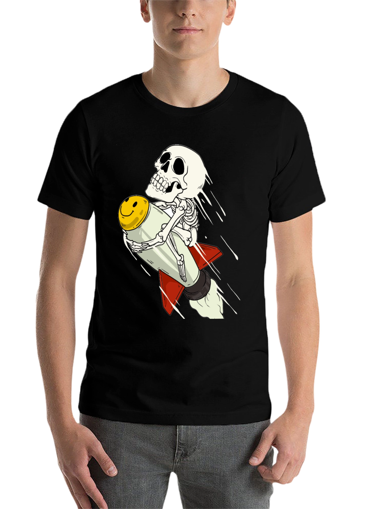 Black Skeleton Rocket Rider T-Shirt - Black Cotton Tee view 7