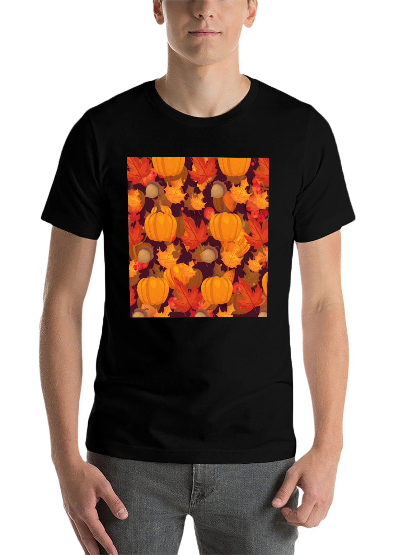 Fall Harvest T-Shirt: Pumpkins & Autumn Leaves Pattern - 7