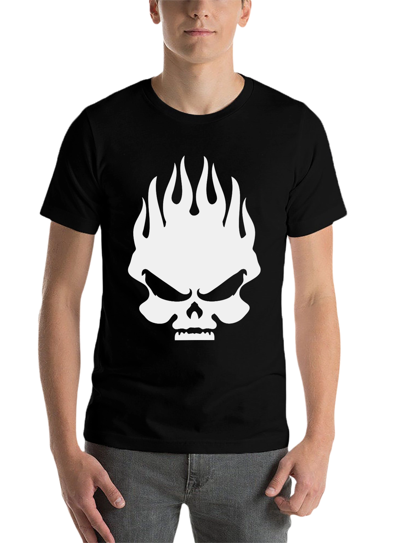 Black Skull Flames Graphic Print Men's Black T-Shirt view 7