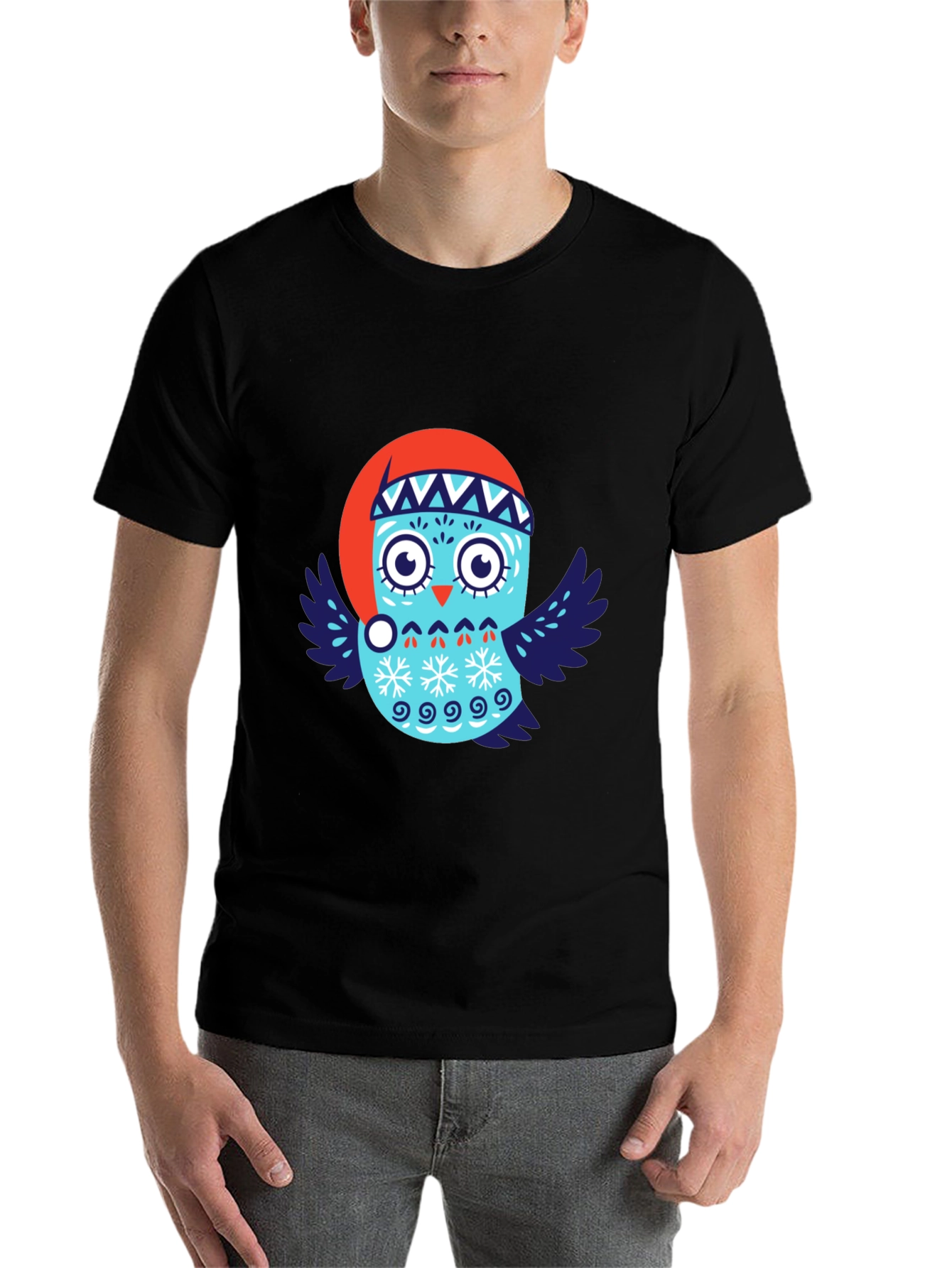Black Festive Owl T-Shirt - Holiday Design view 7