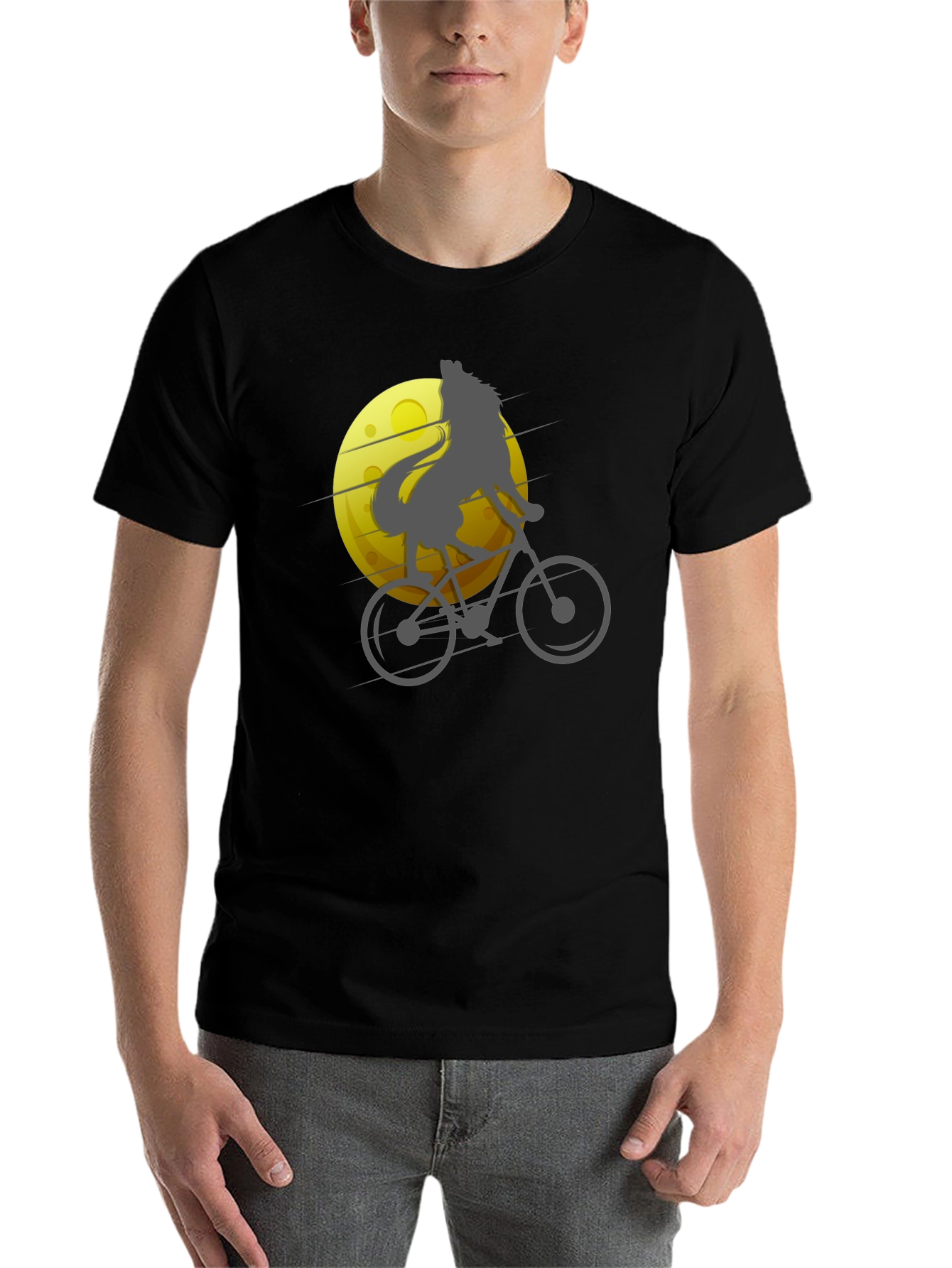 Black Wolf Riding Bike T-Shirt - Moon Graphic Tee view 7