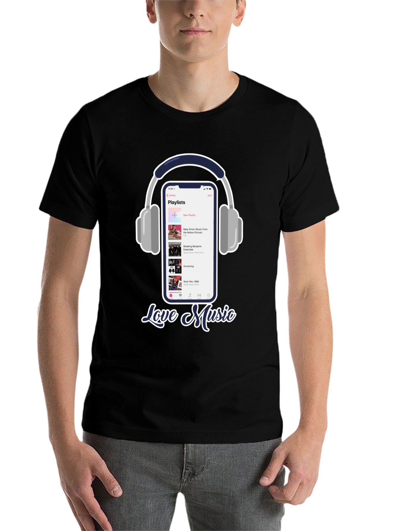 Black Love Music T-Shirt with Playlist & Headphones Design view 7