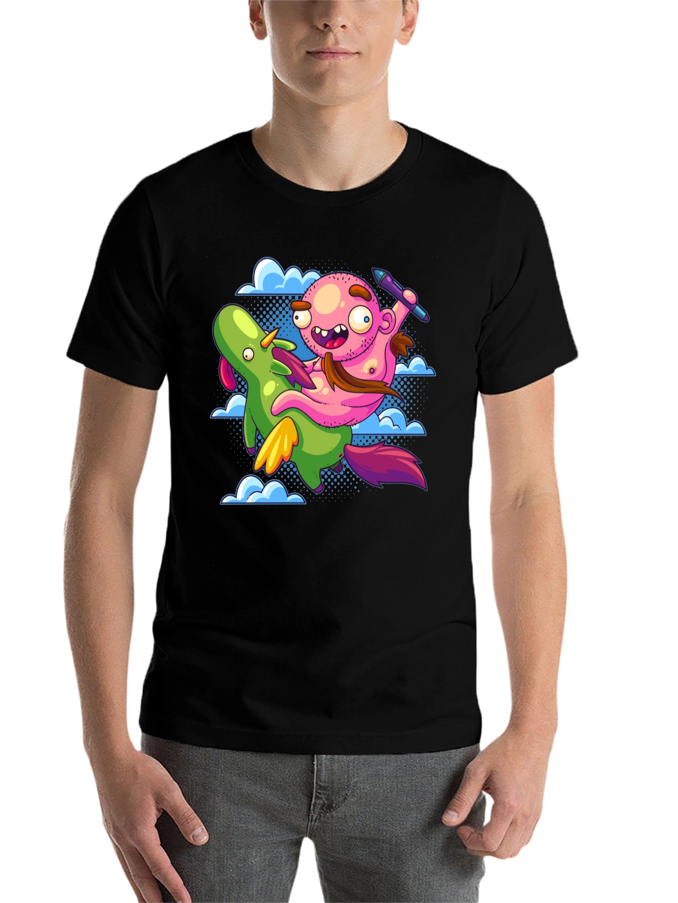 Black Cartoon Artist Riding Unicorn T-Shirt view 7