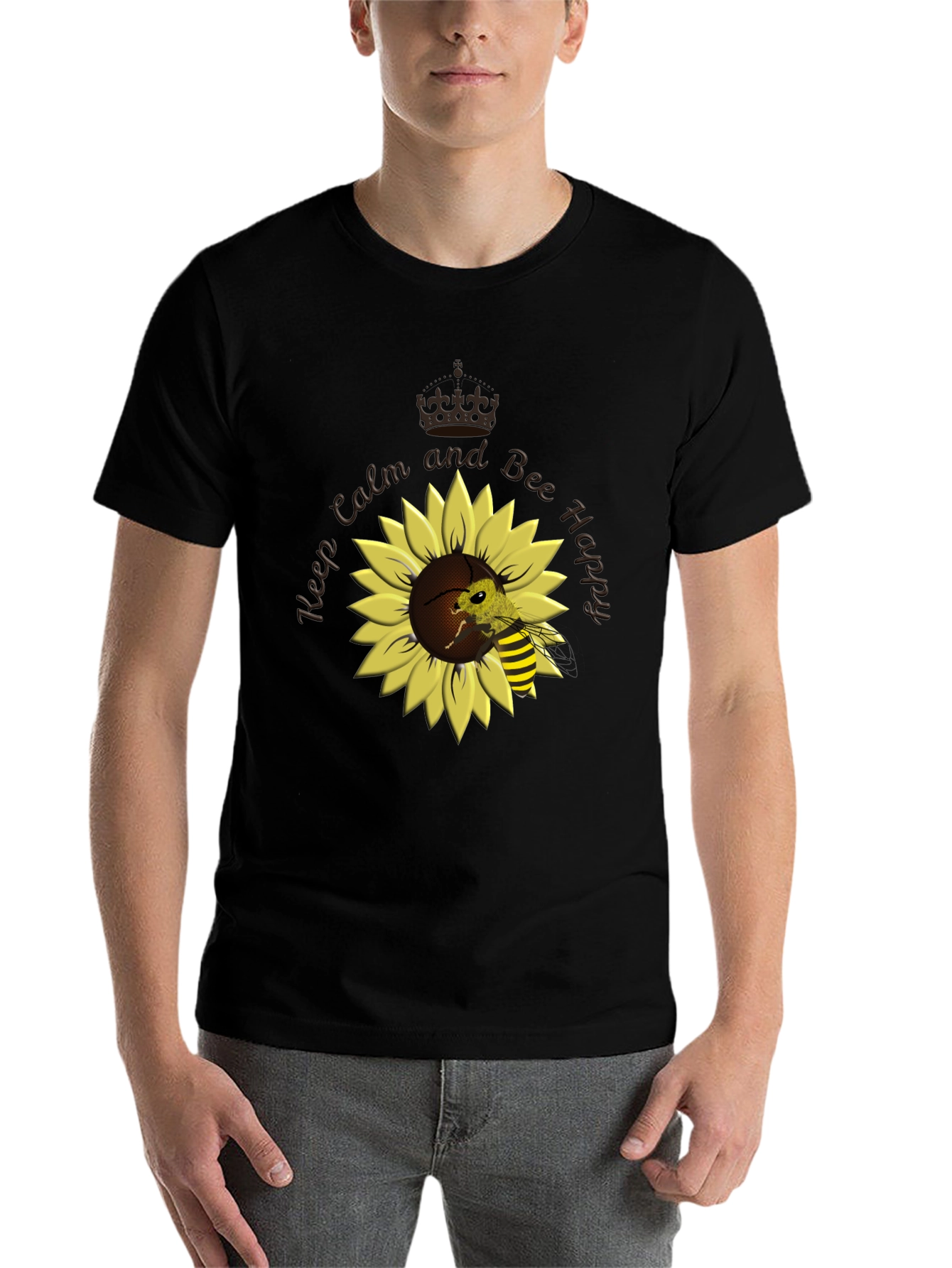 Black Keep Calm and Bee Happy Sunflower T-Shirt view 7