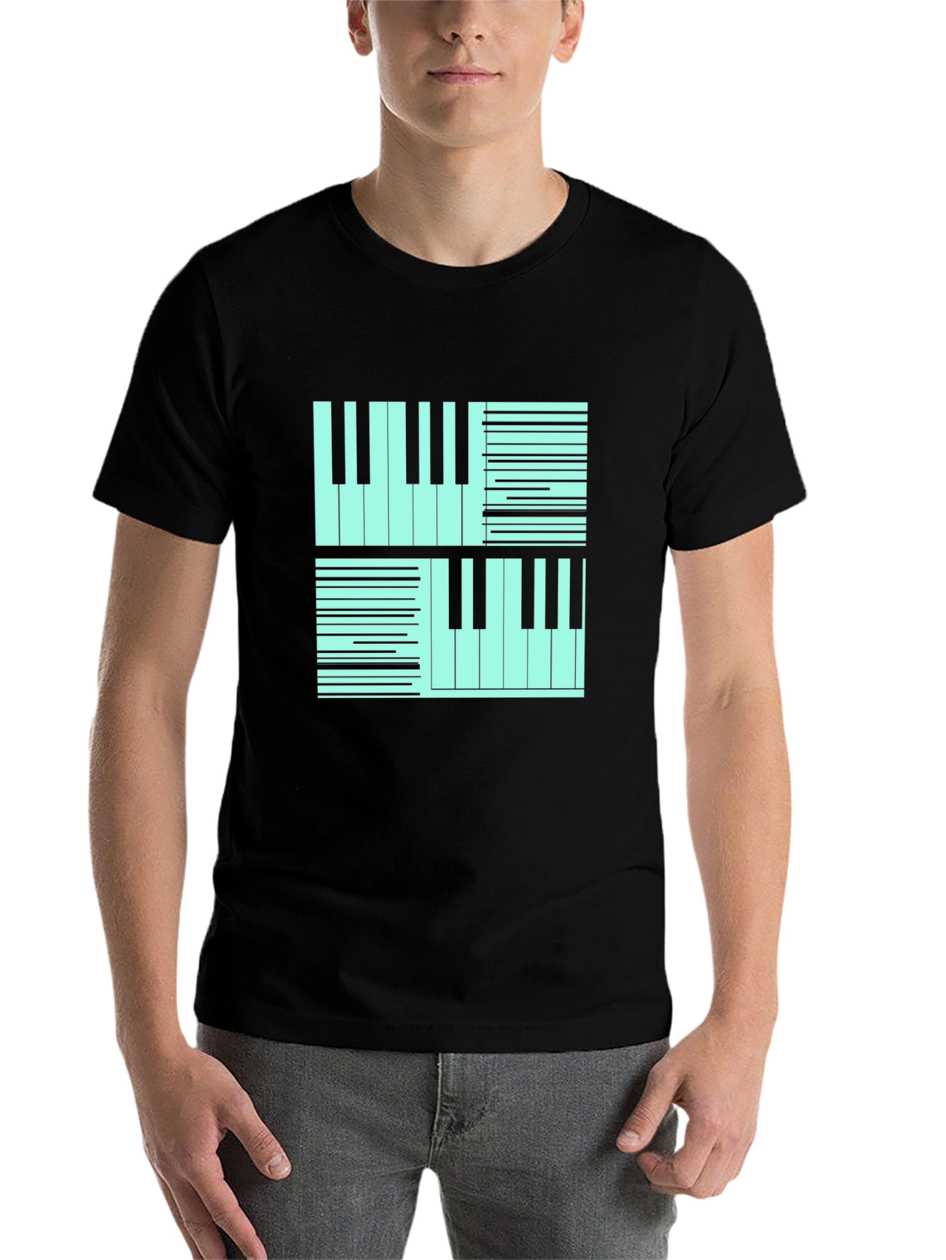 Black Cool Piano Keys Graphic Print Black T-Shirt view 7