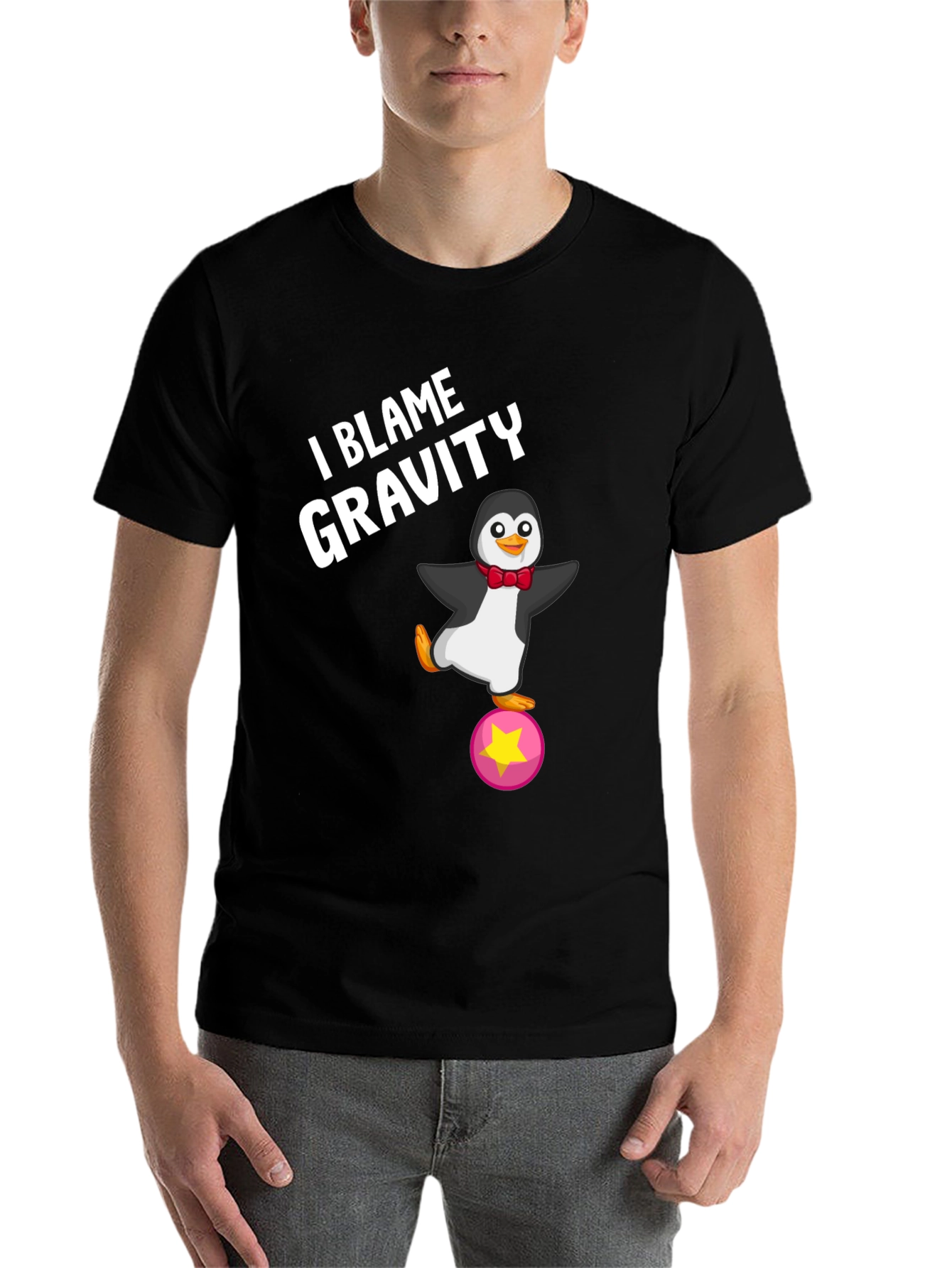 Black I Blame Gravity Penguin T-Shirt view 7