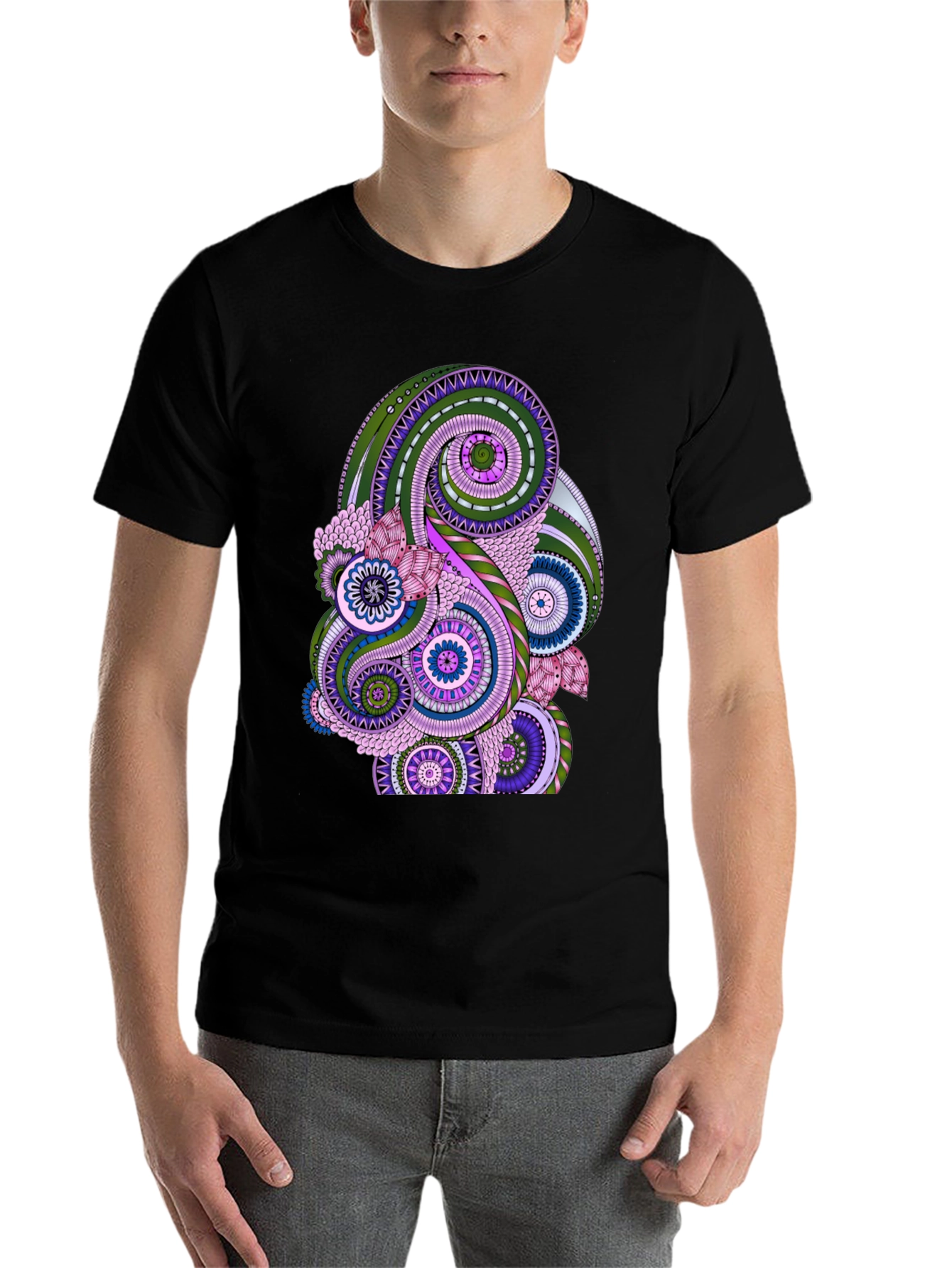 Black Paisley Pattern Black T-Shirt - Stylish Casual Wear view 7