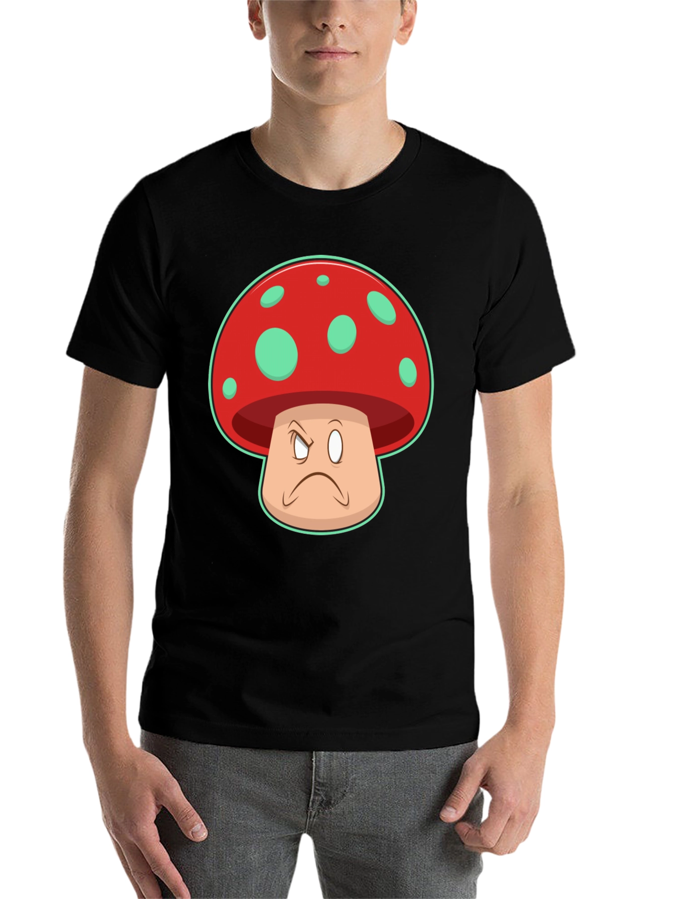 Black Grumpy Mushroom Graphic T-Shirt - Unisex Cotton Tee view 7
