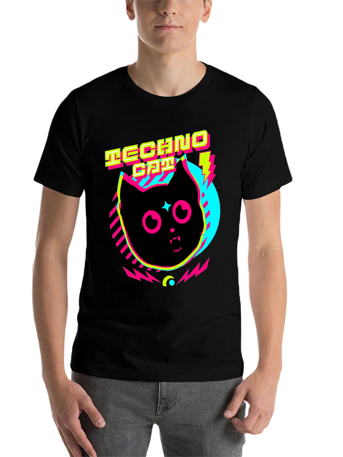 Black Techno Cat T-Shirt Neon Graphic Tee view 7