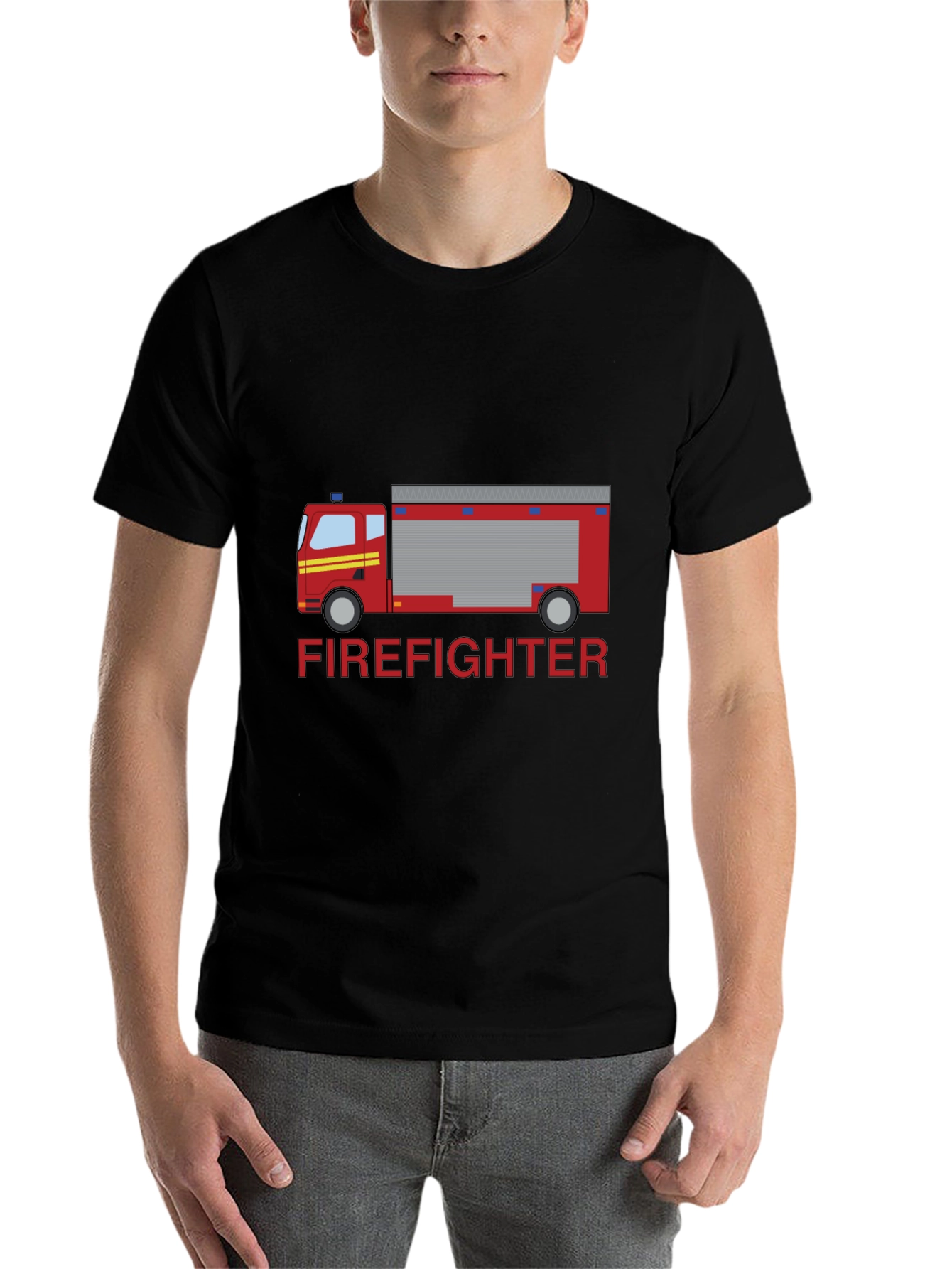 Black Firefighter Truck Graphic Tee - Black Cotton T-Shirt view 7