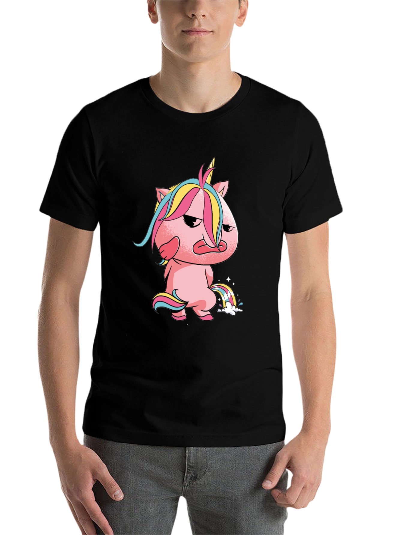 Black Grumpy Unicorn Rainbow T-Shirt view 7