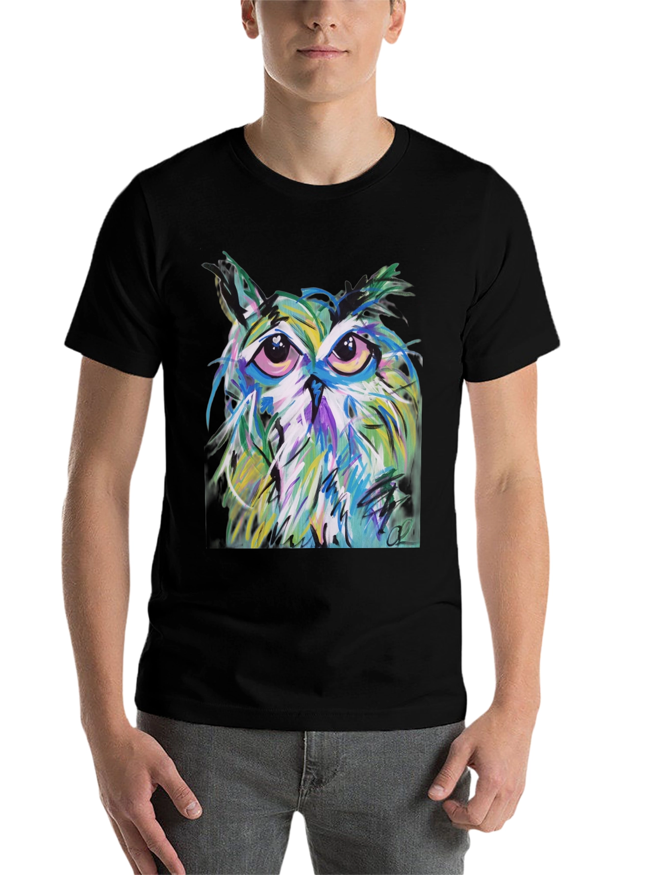 Black Abstract Owl Graphic Tee - Men's Black T-Shirt view 7