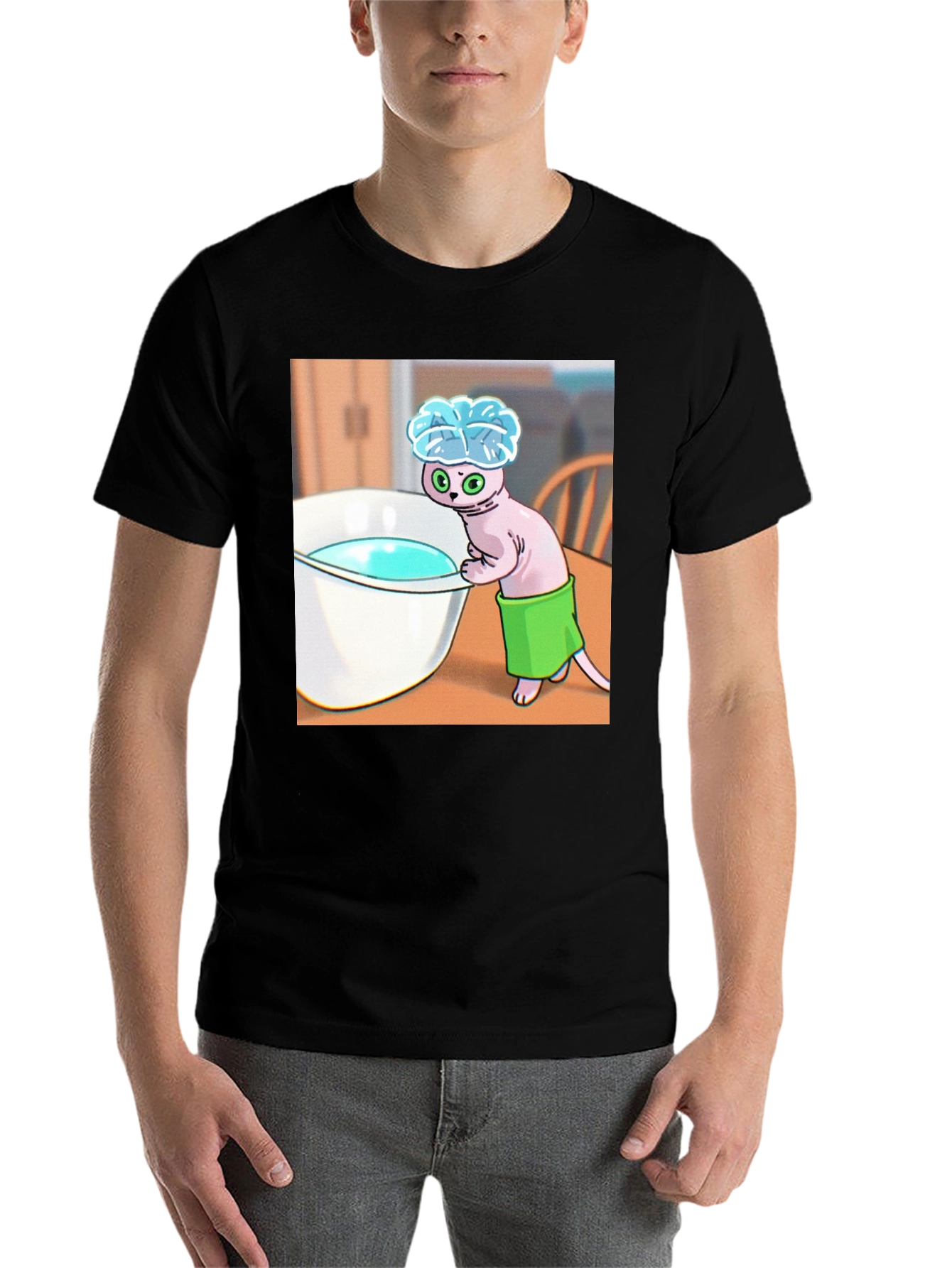 Black Cartoon Cat Bath T-Shirt - Funny Novelty Tee view 7