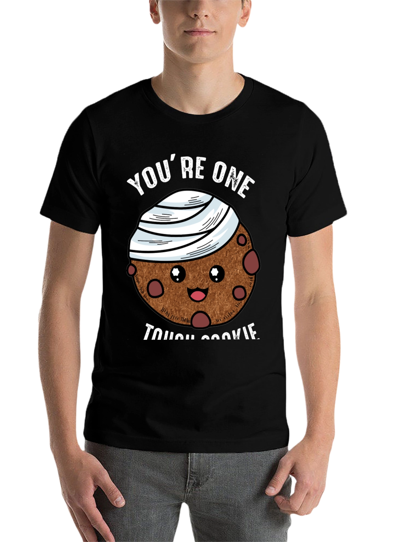 Black Tough Cookie Graphic T-Shirt: Cute Bandaged Cookie Design view 7