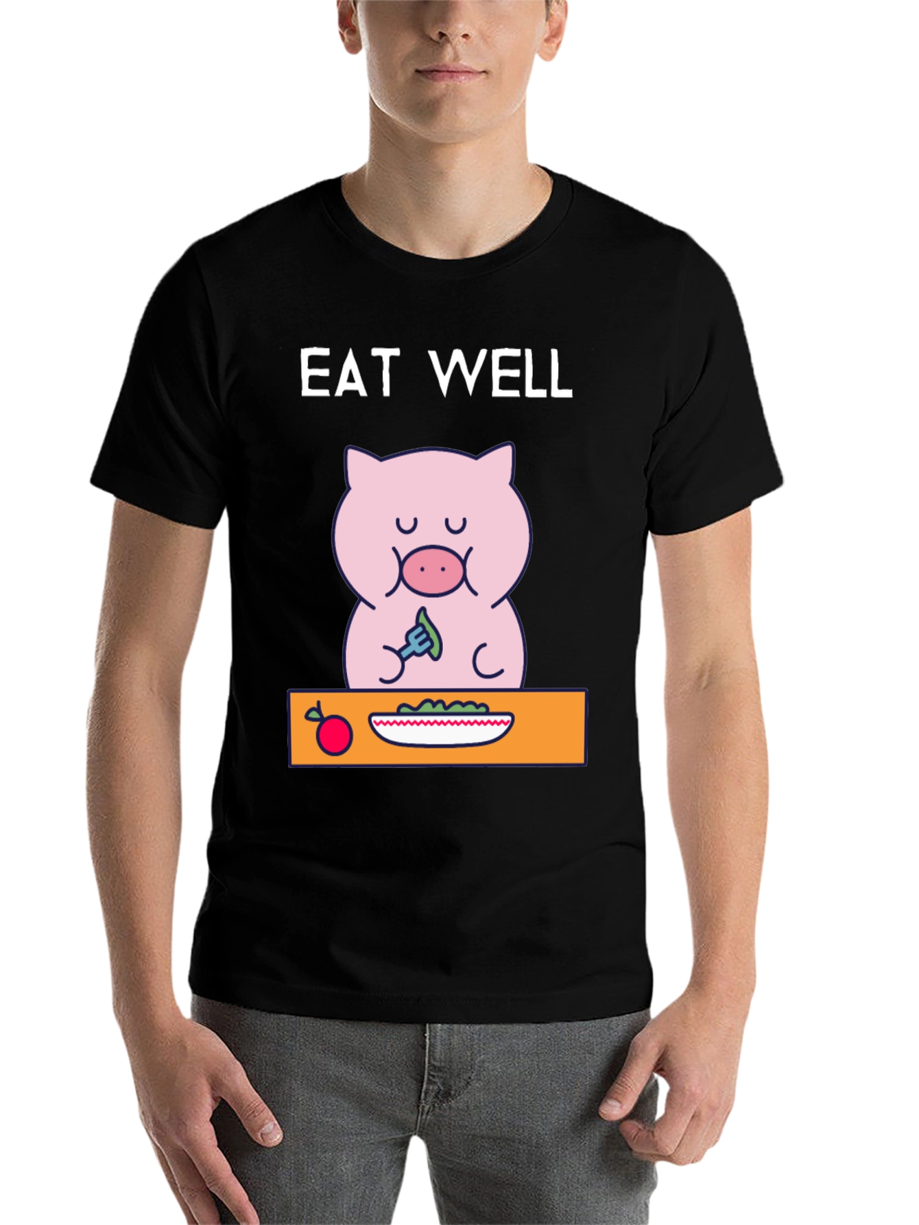 Black Eat Well Pig T-Shirt - Funny Cartoon Tee view 7