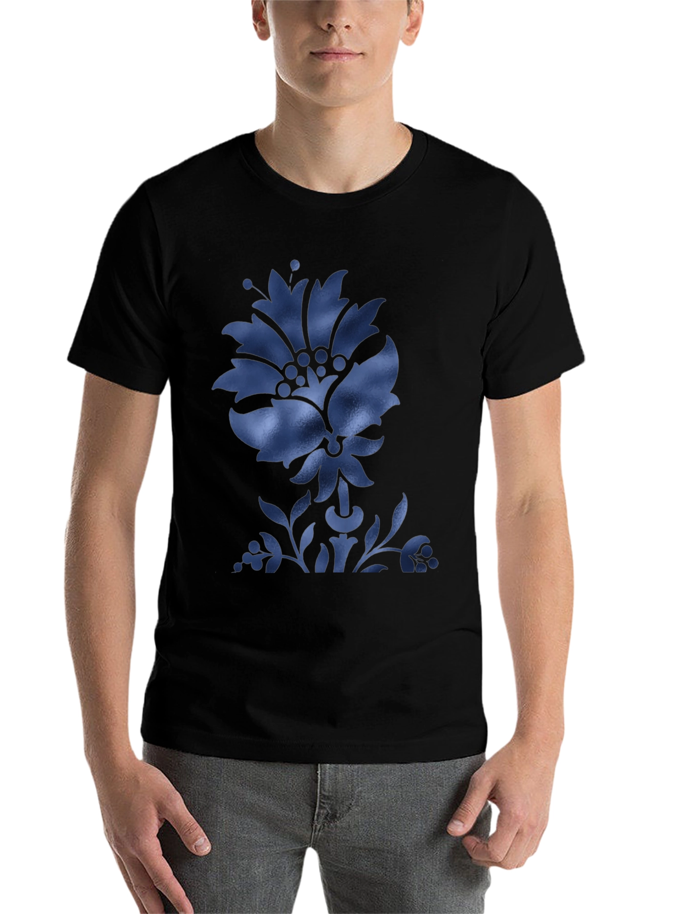 Black Men's Black T-Shirt with Blue Floral Design view 7