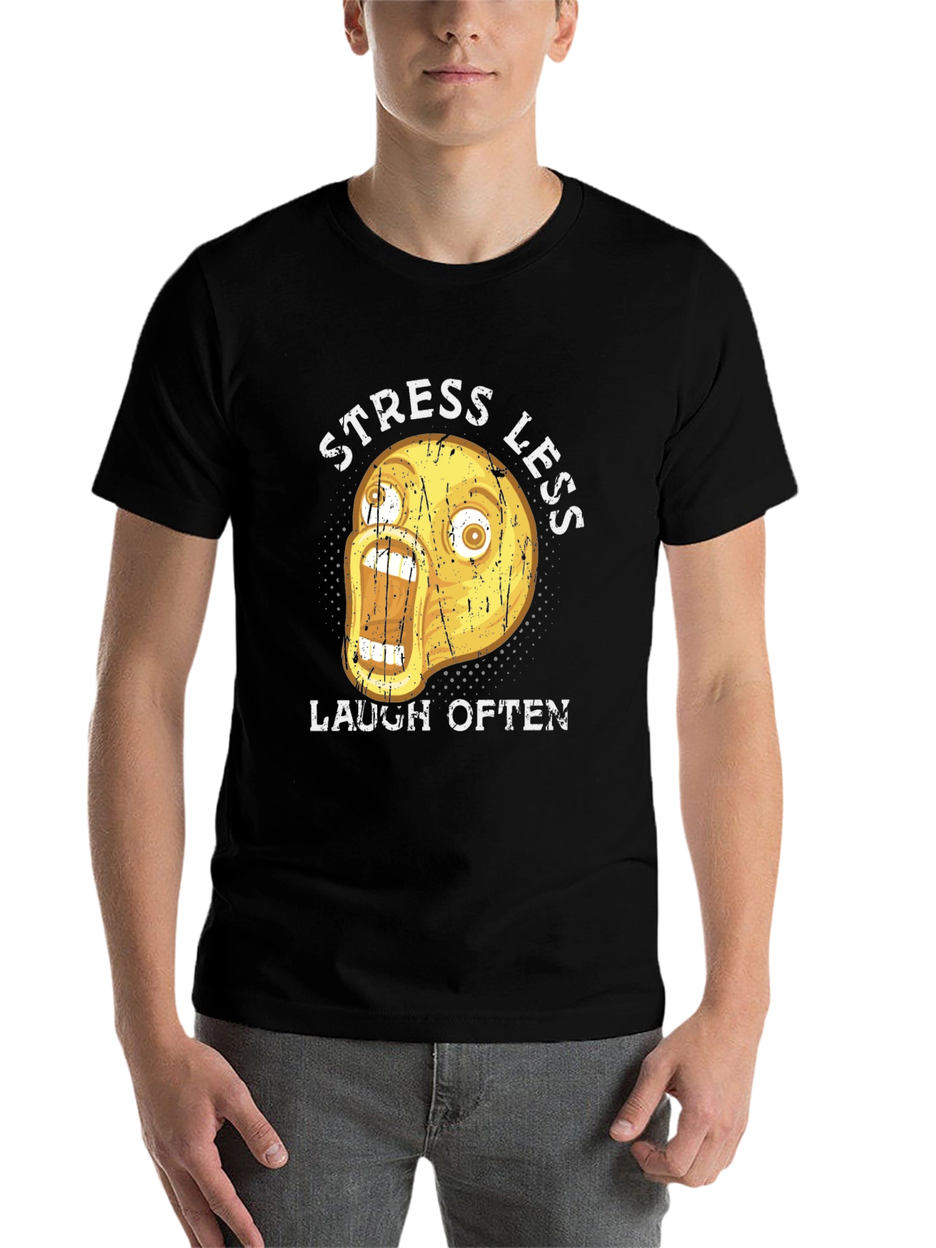 Black Funny Emoji Graphic T-Shirt - Stress Less Laugh Often view 7