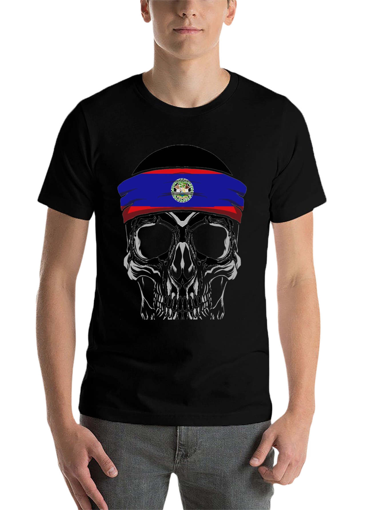 Black Skull with Belize Flag Headband T-Shirt view 7