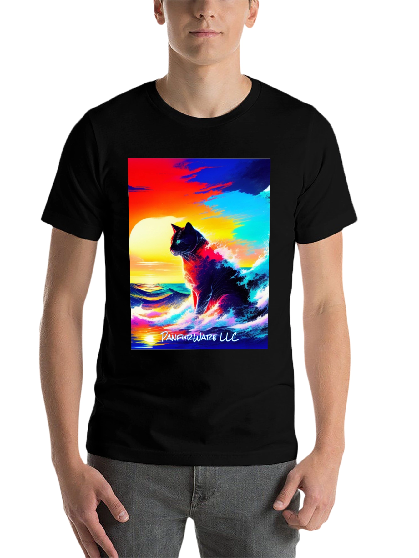 Black Cat Waves T-Shirt - Artistic Sunset Design view 7