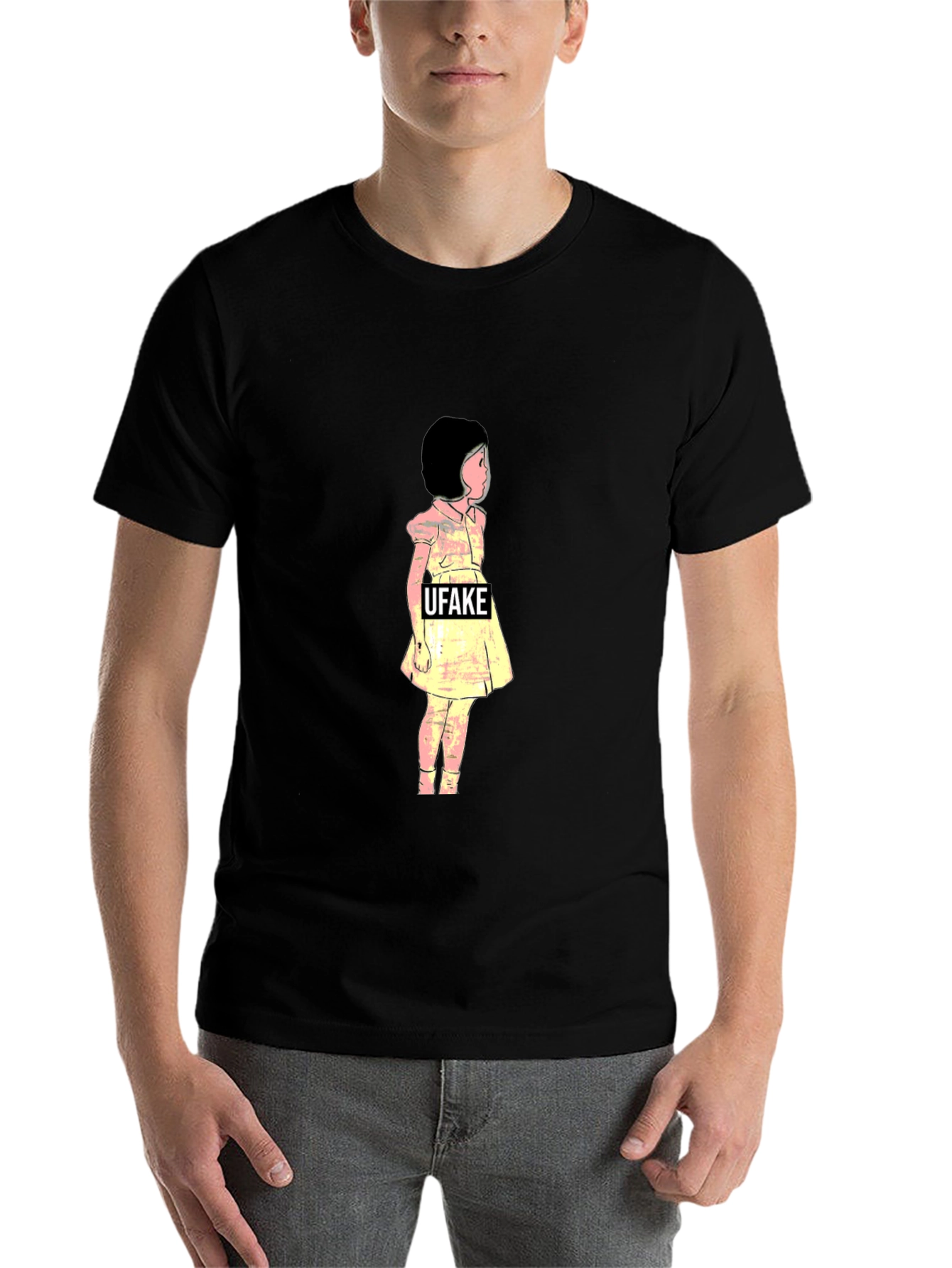 Black Artistic Black T-Shirt with UFAKE Girl Design view 7