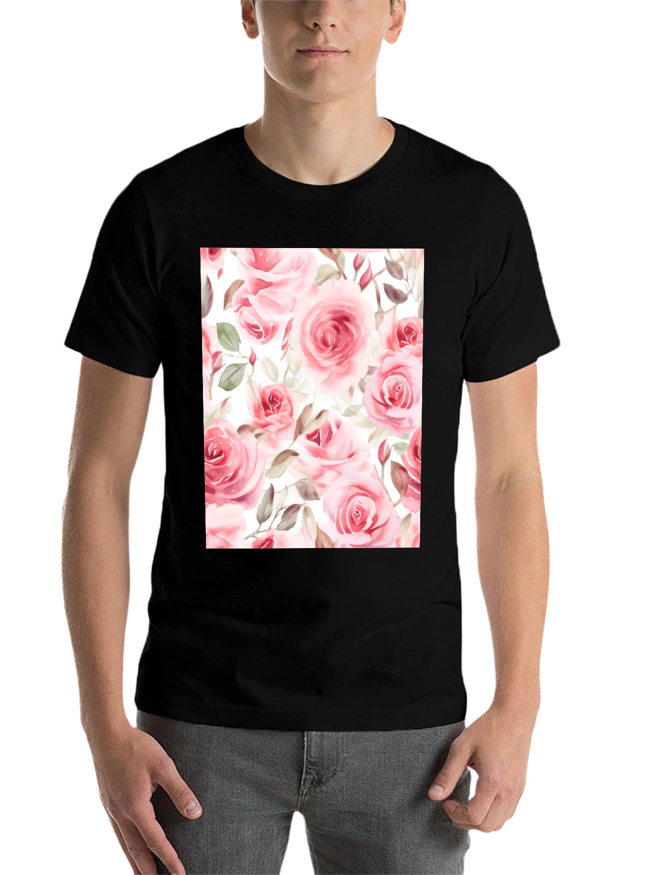 Black Floral Rose Print Black T-Shirt view 7
